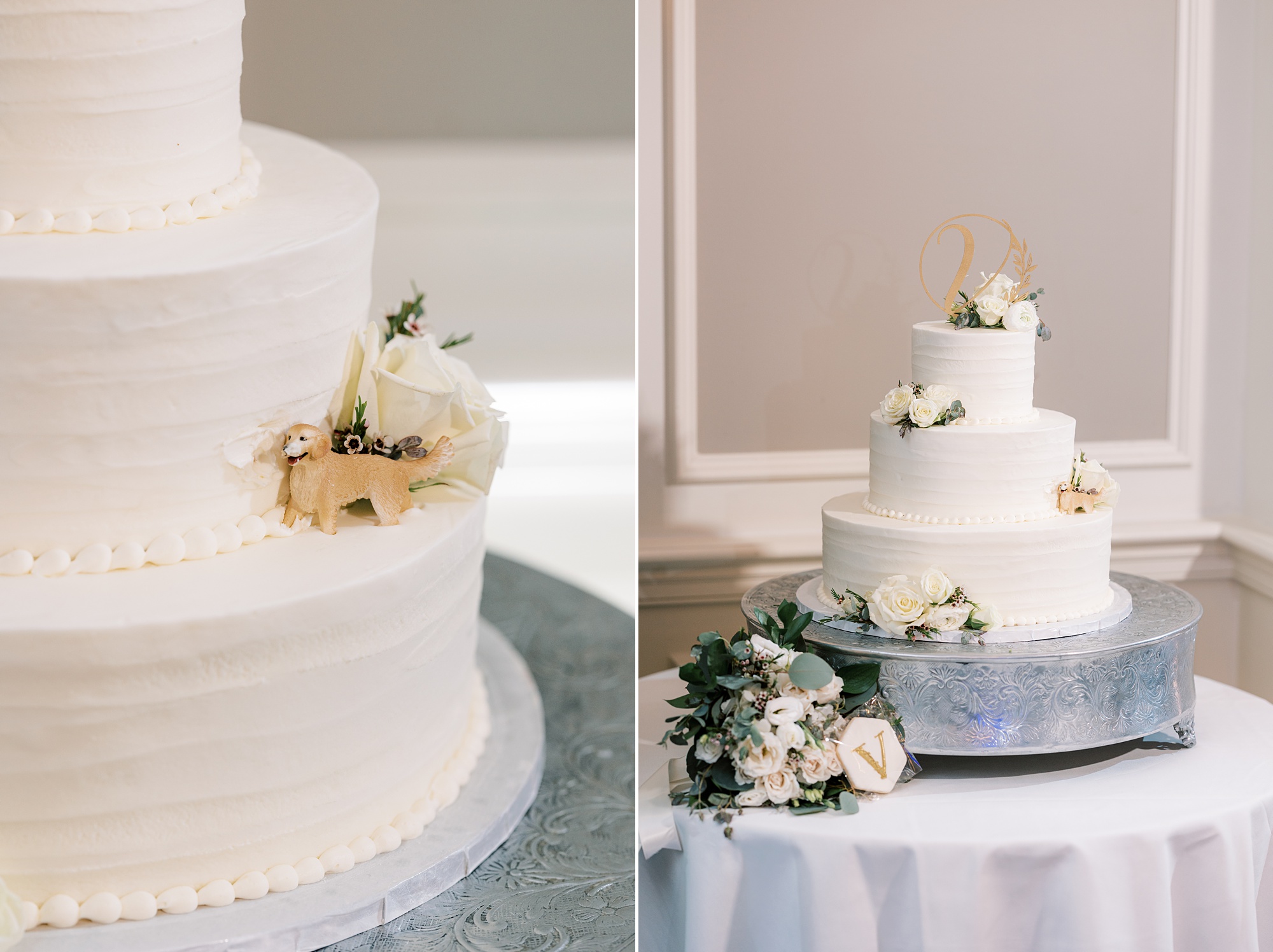 wedding cake with white flowers and gold topper 