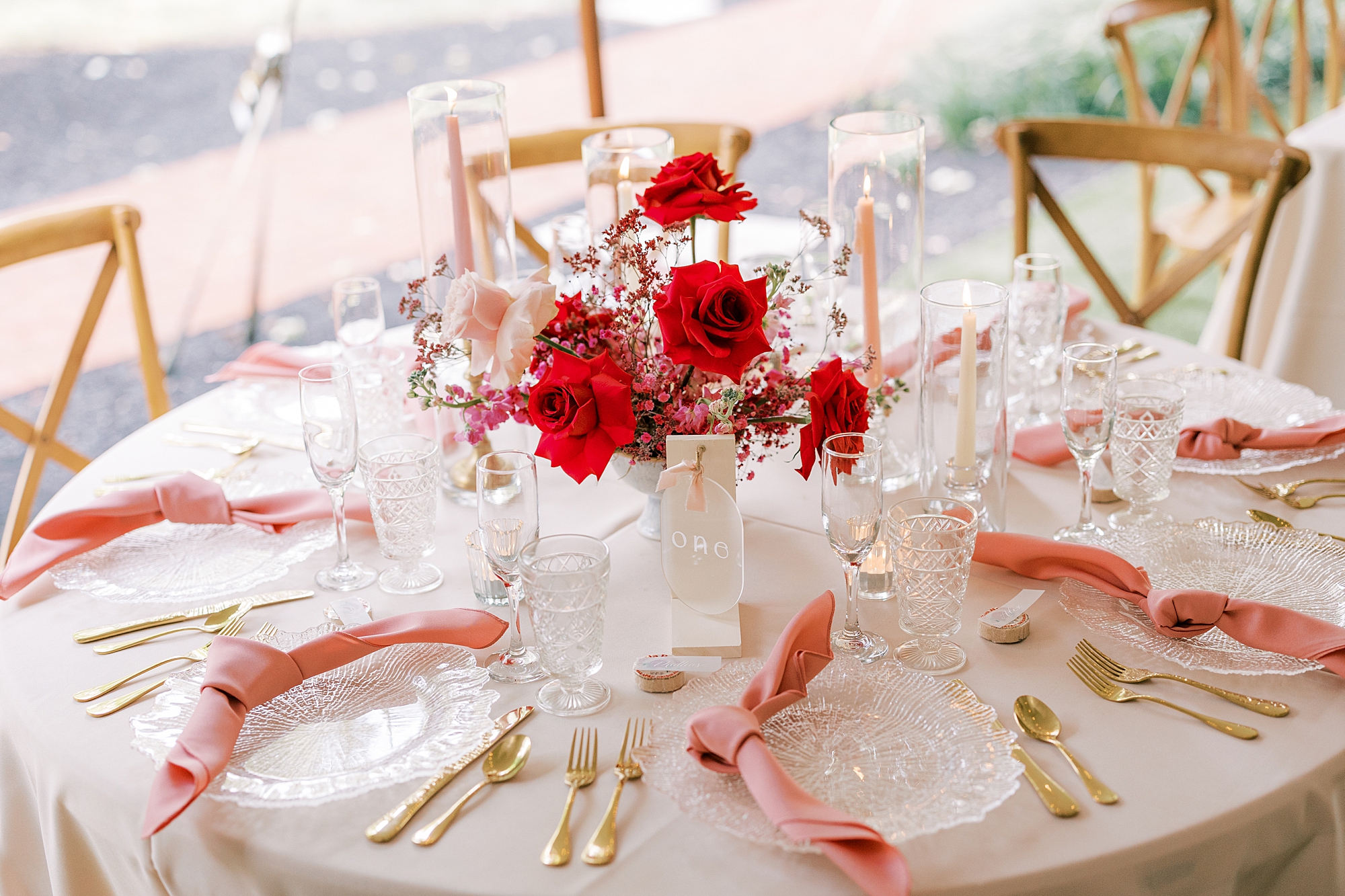 wedding reception with pink monochromatic centerpieces 