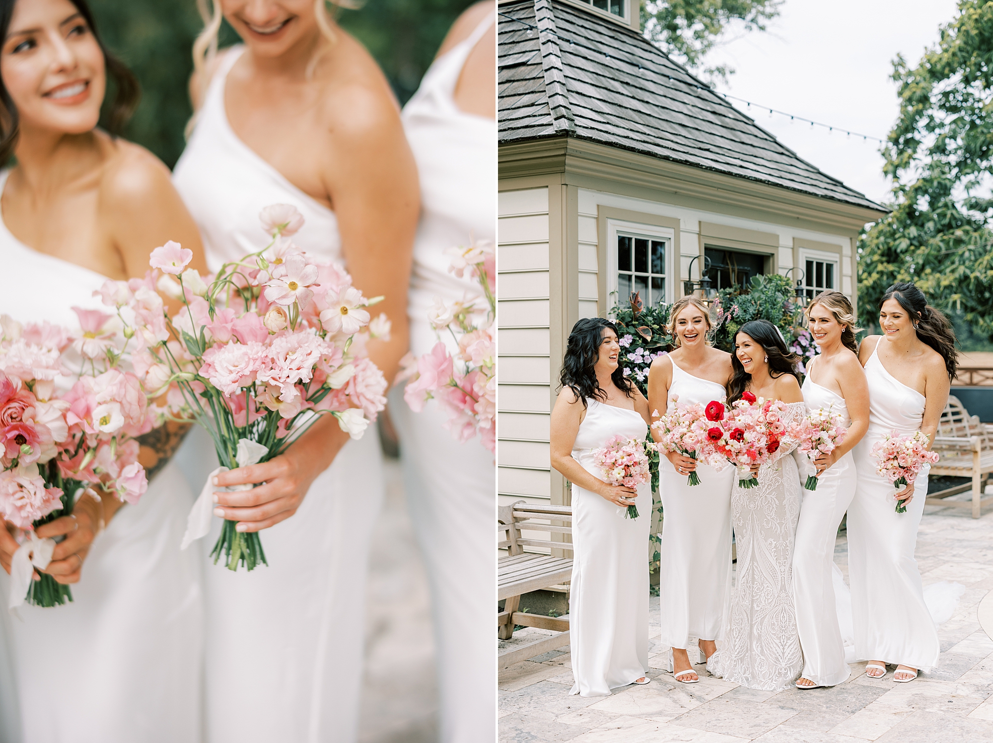 bride laughs with bridesmaids holding pink monochromatic bouquets by poolhouse at The Cypress House