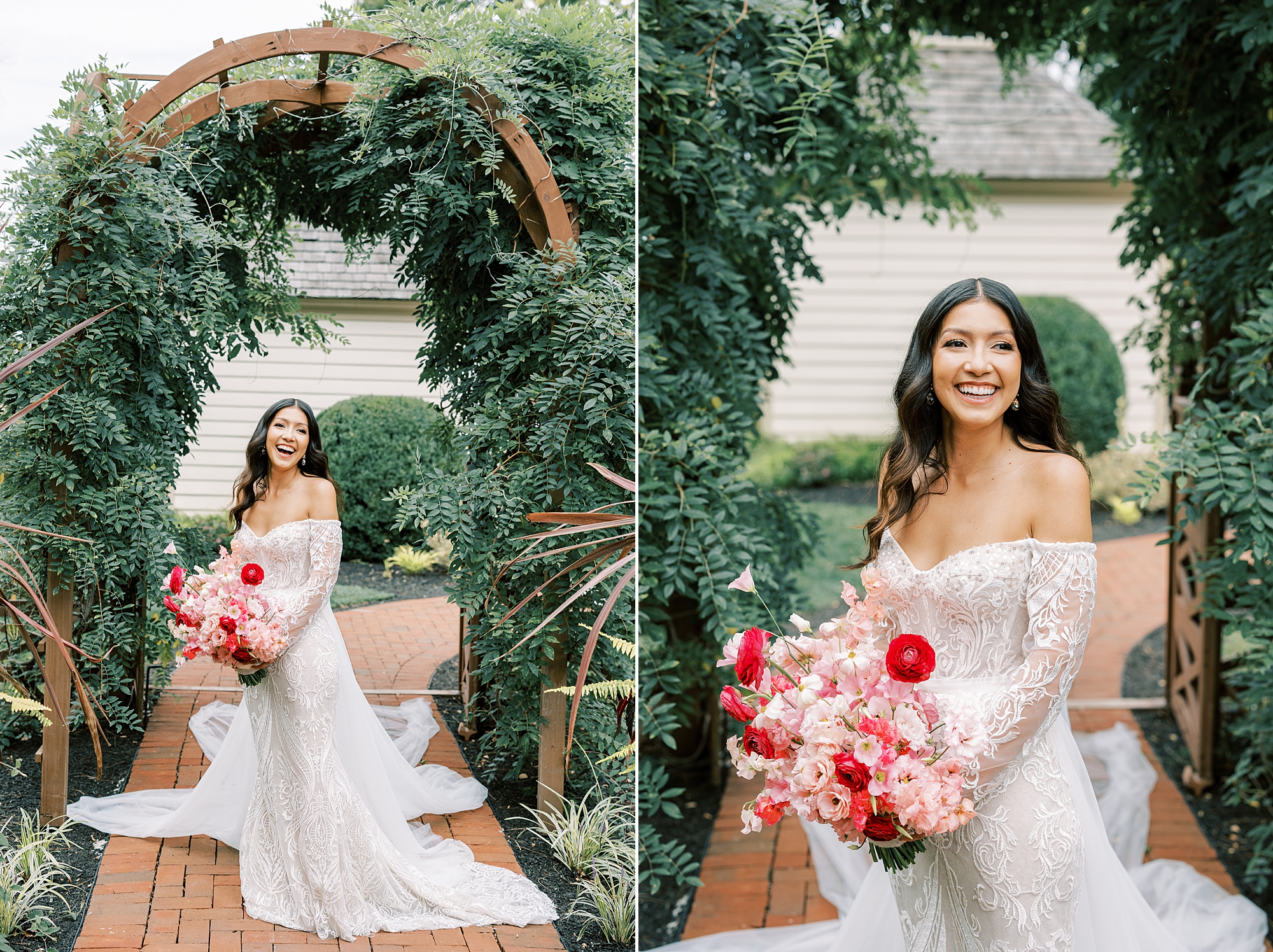 bride poses under green arbor at The Cypress House with bouquet of pink flowers 