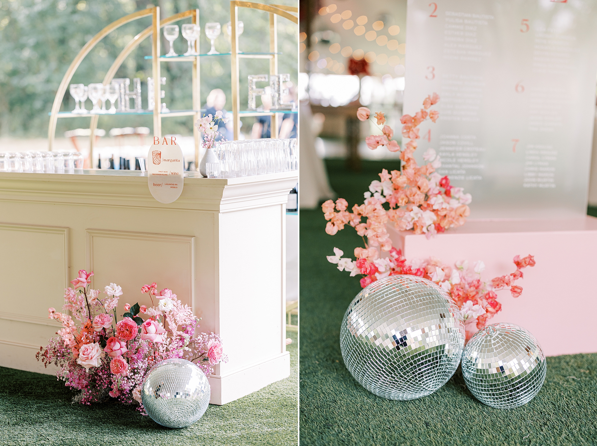 disco balls and pink floral accents around tented reception at The Cypress House
