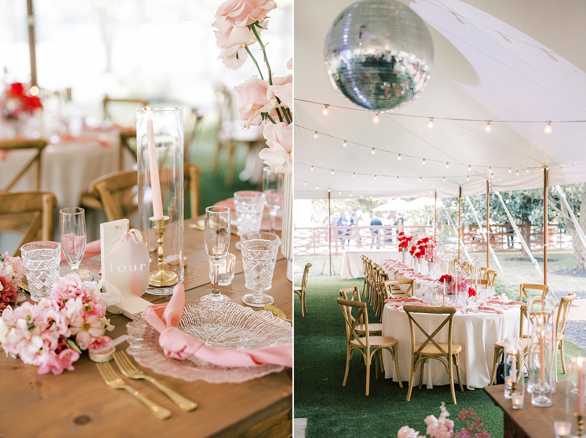 wedding reception under tent with pink monochromatic floral accents and disco balls 