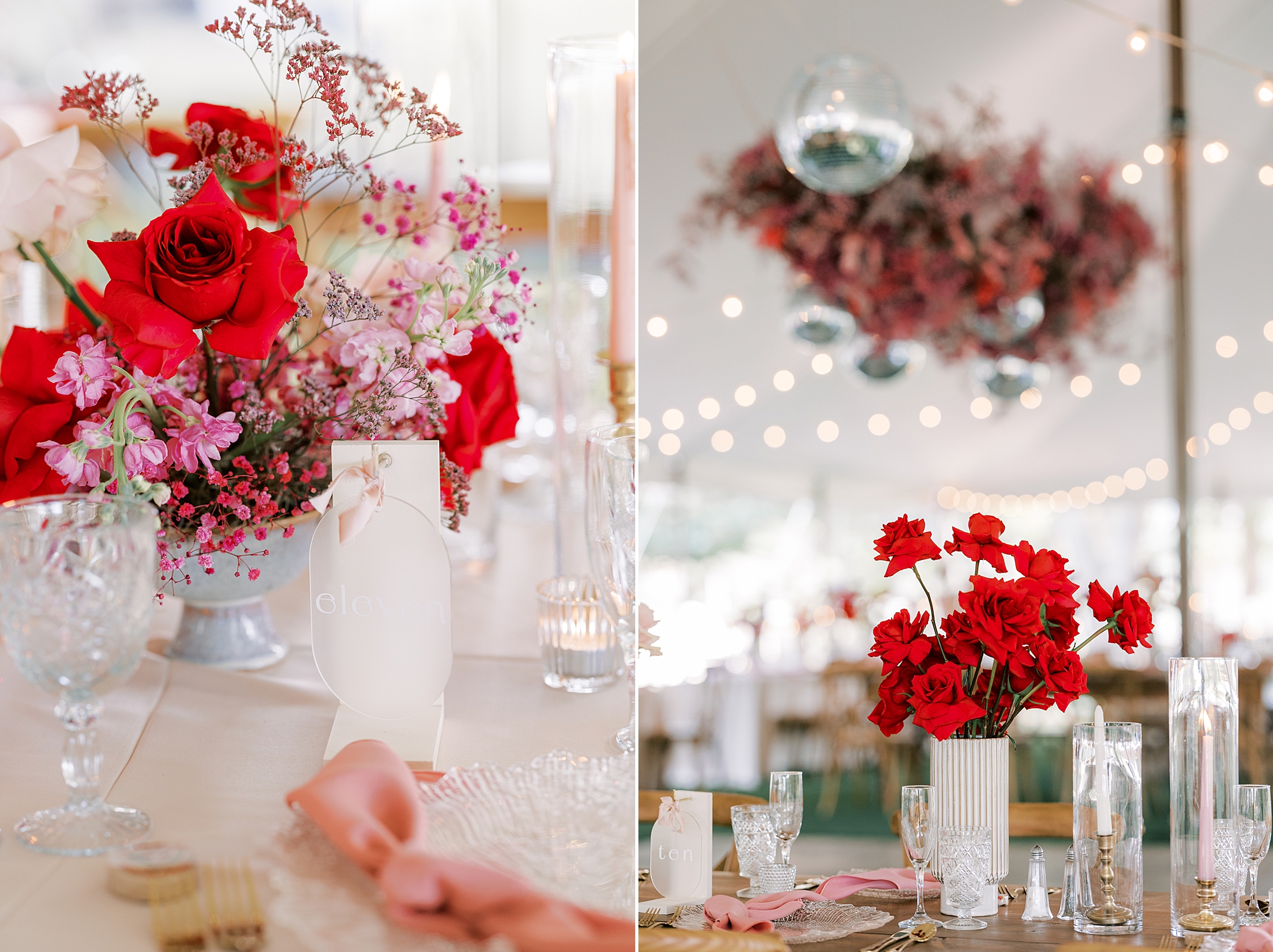 pink monochromatic florals for wedding reception under tent at The Cypress House
