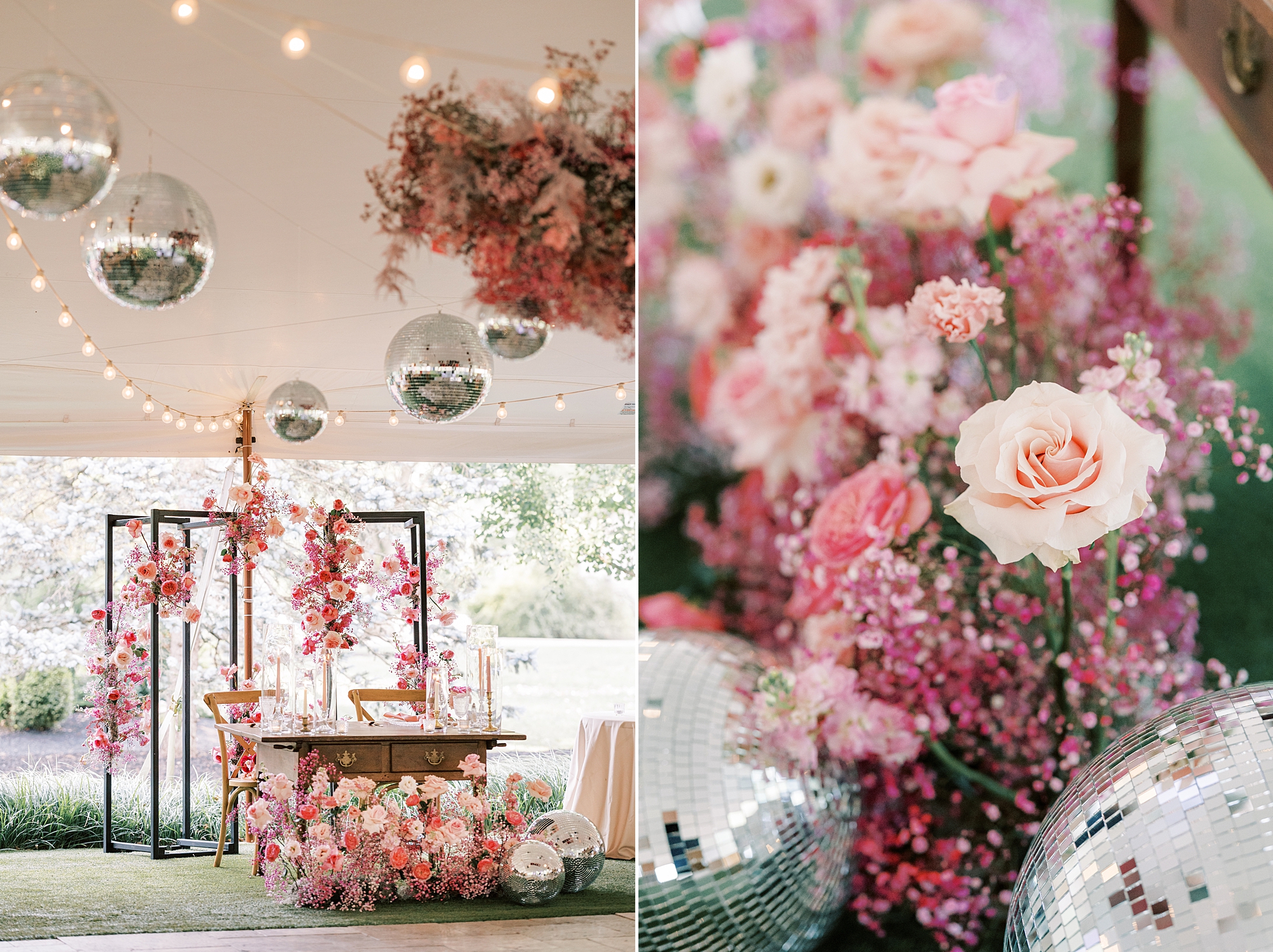 sweetheart table with pink floral display