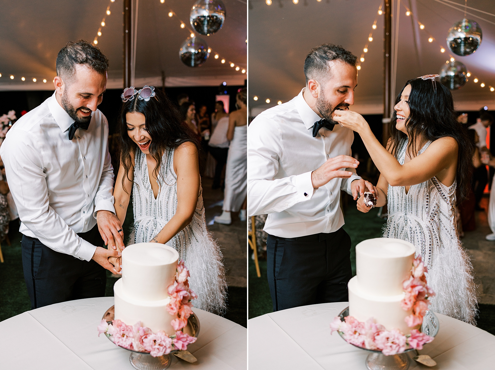 newlyweds cut wedding cake under tent at The Cypress House