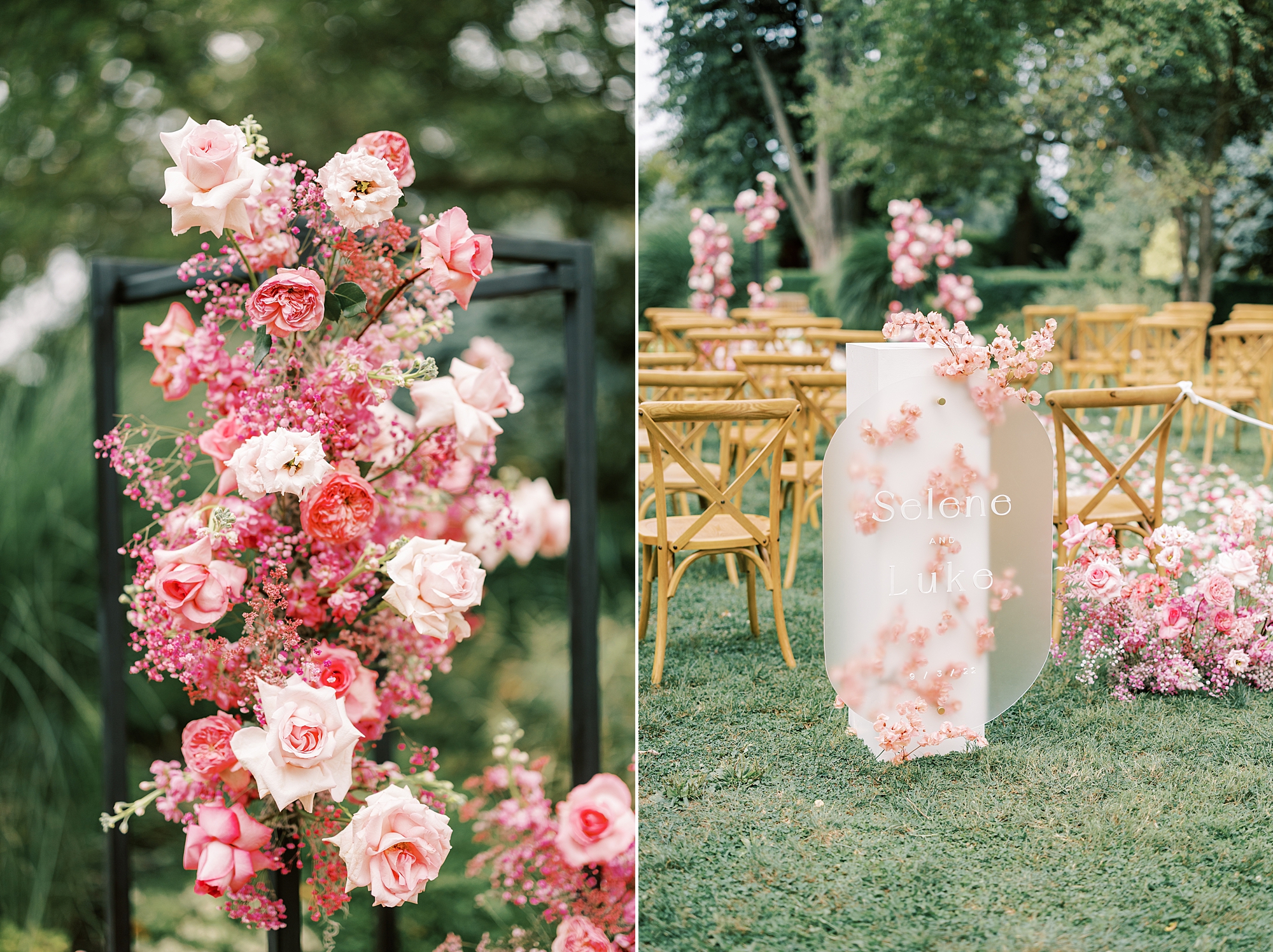 wedding ceremony with pink monochromatic floral displays 