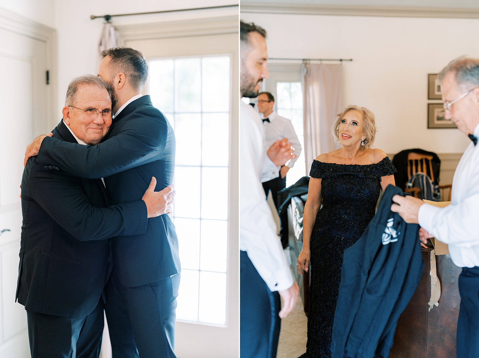 parents hug groom and help him prepare for wedding at The Cypress House
