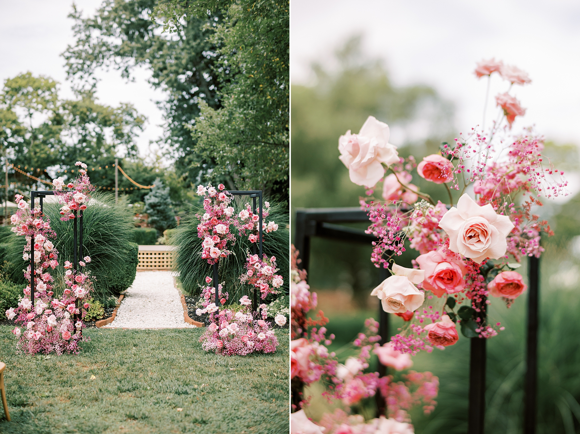 wedding ceremony on lawn at The Cypress House with pink floral accents 
