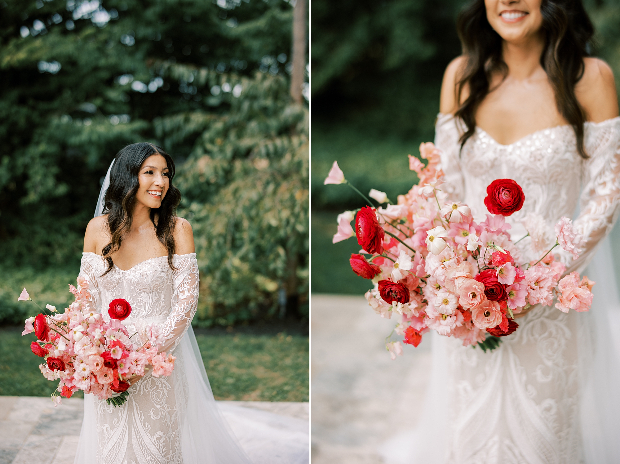 bride in off-the-shoulder gown holds bouquet of monochromatic pink flowers