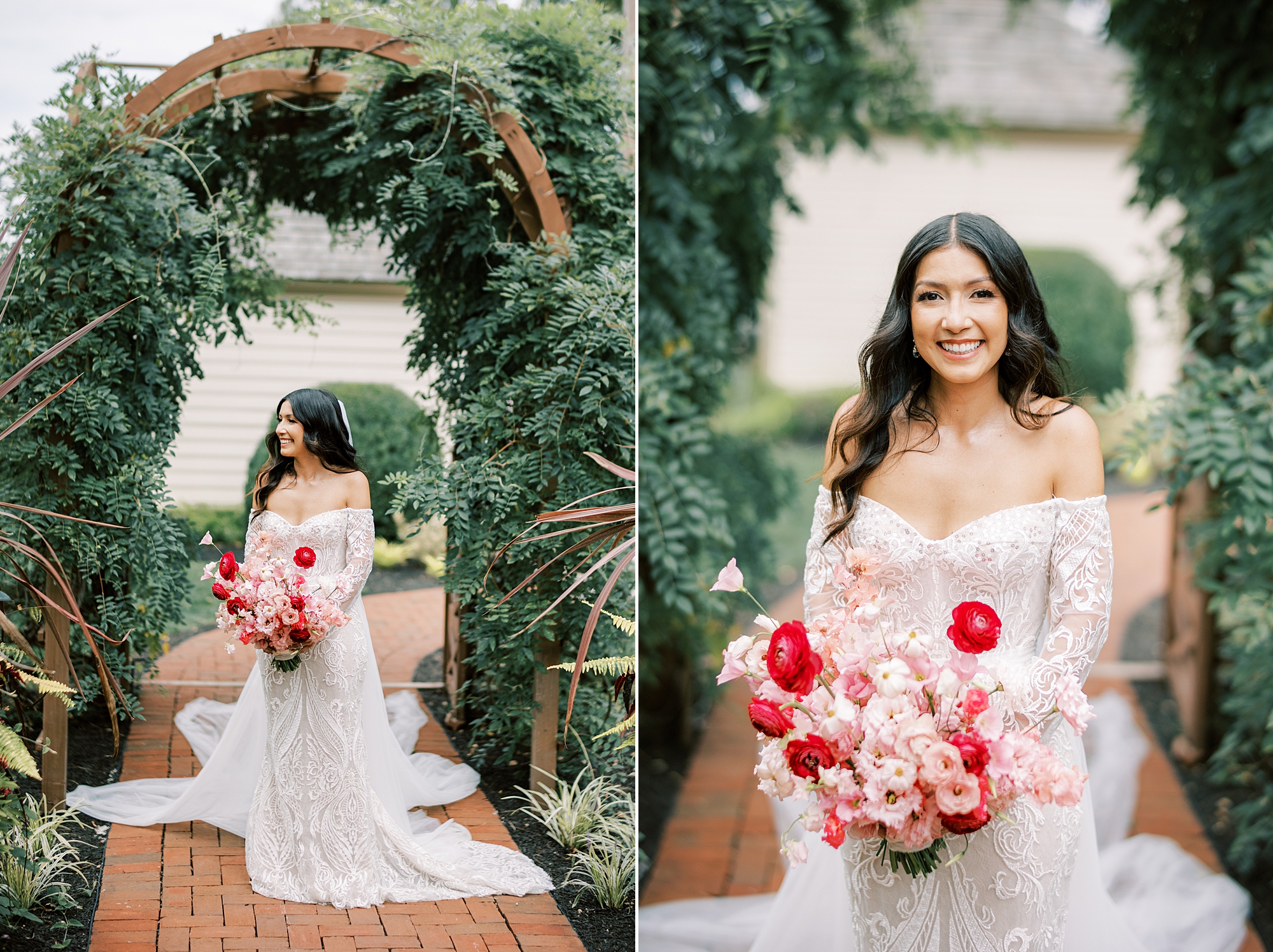 bride holds bouquet of monochromatic pink flowers before The Cypress House wedding