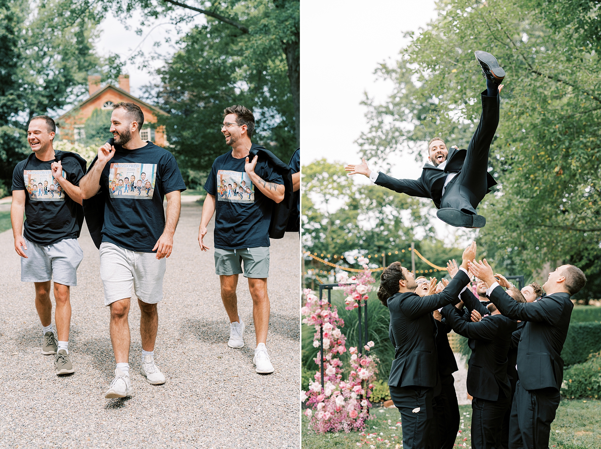 groomsmen toss groom in the air during photos