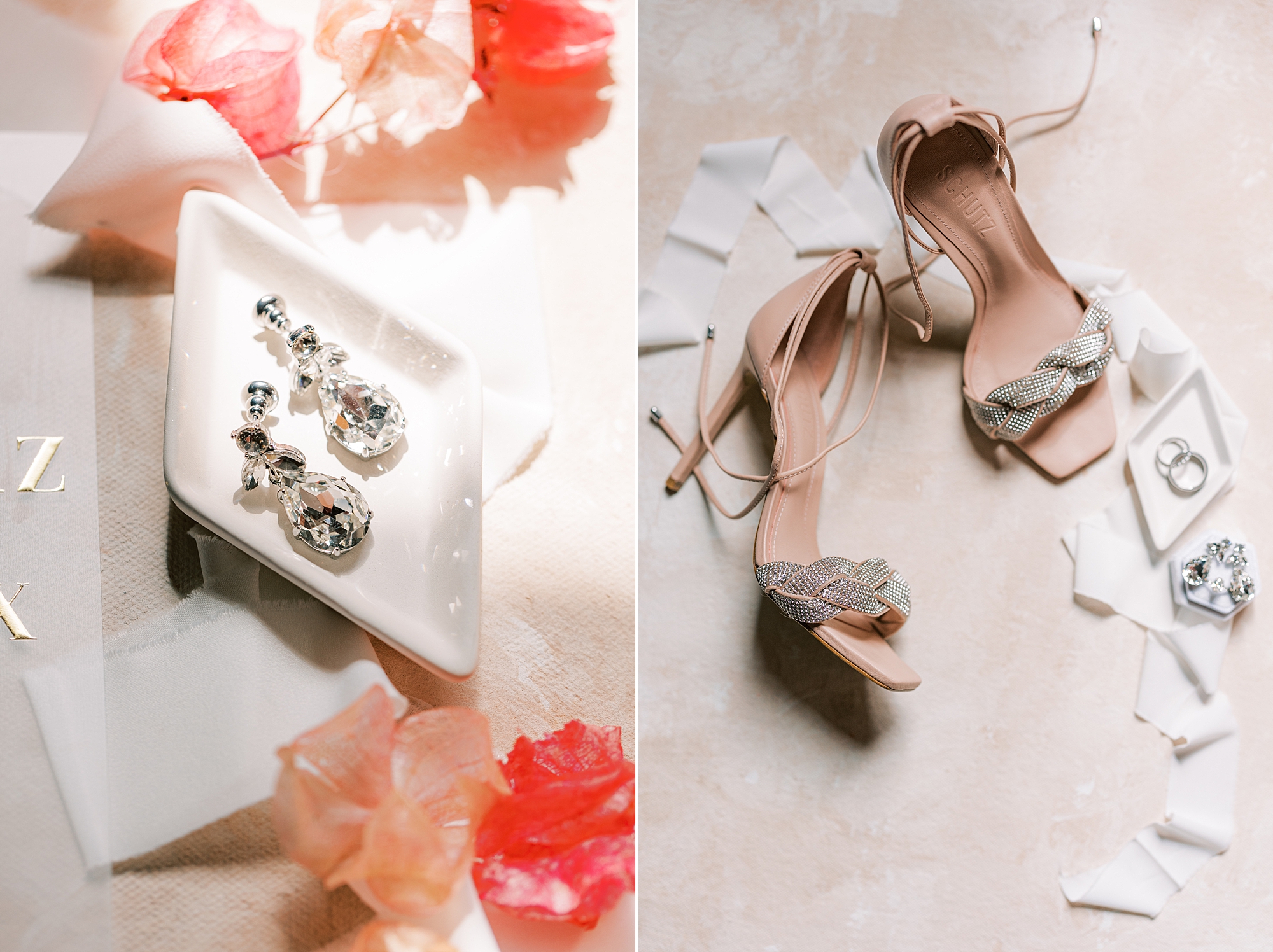 bride's jewelry and shoes for summer garden wedding