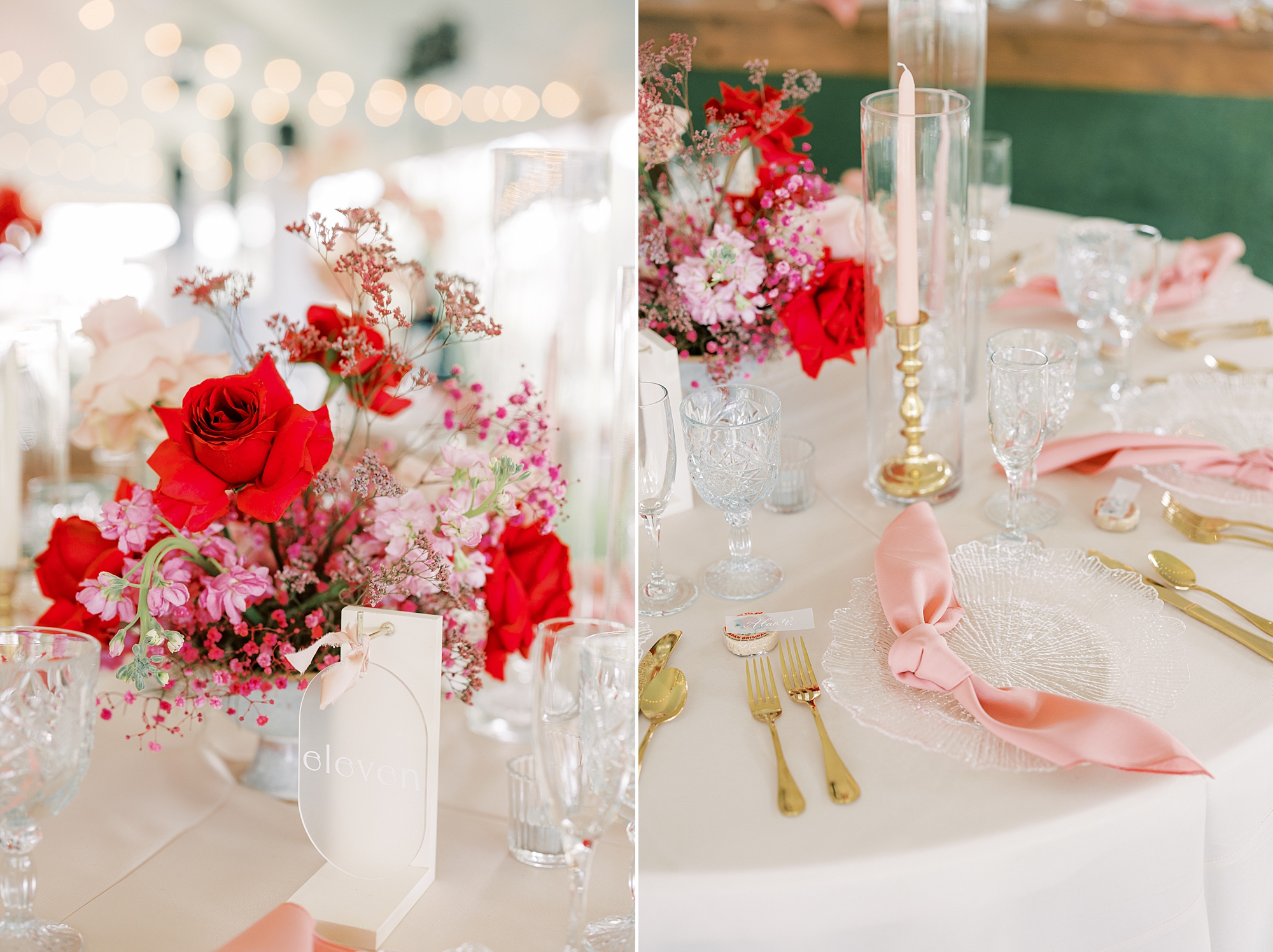 wedding reception at The Cypress House with pink floral centerpieces and napkins