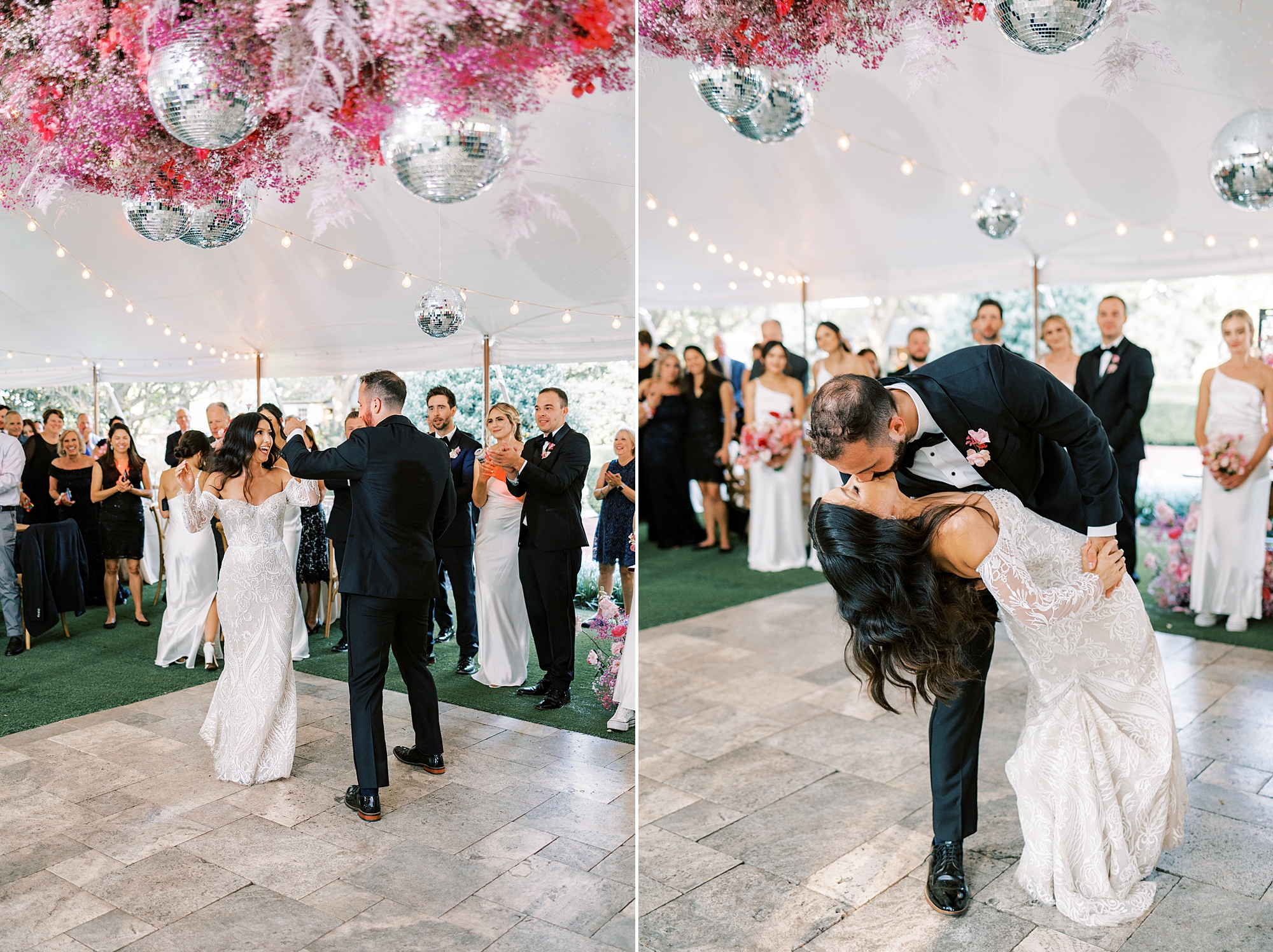 groom dips bride on dance floor under pink floral display and disco balls