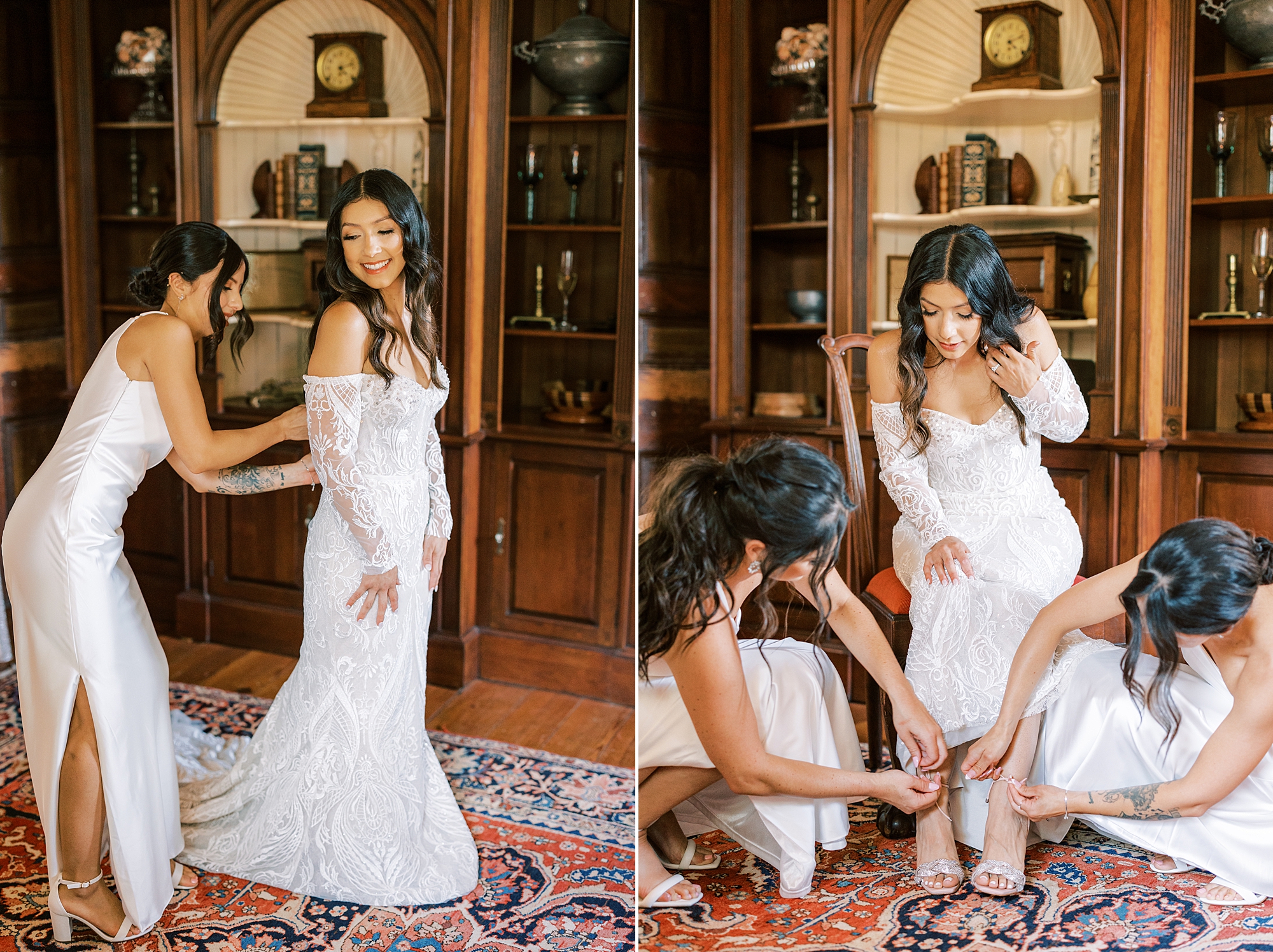 bridesmaids and mother help bride prepare for wedding at The Cypress House