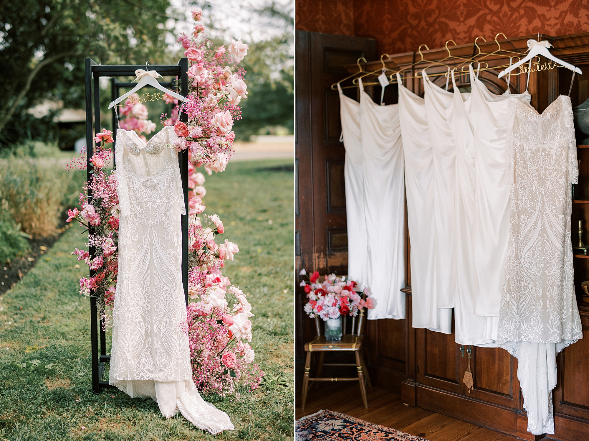 wedding gown hangs on arch with pink flowers 