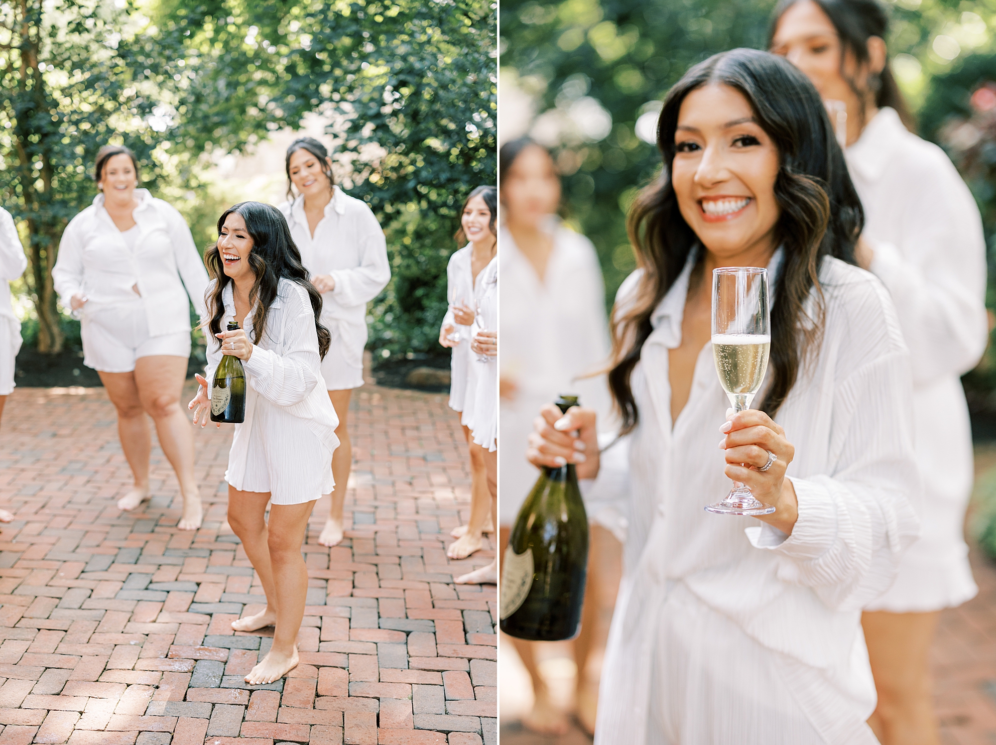 bride holds up champagne bottle on patio at The Cypress House