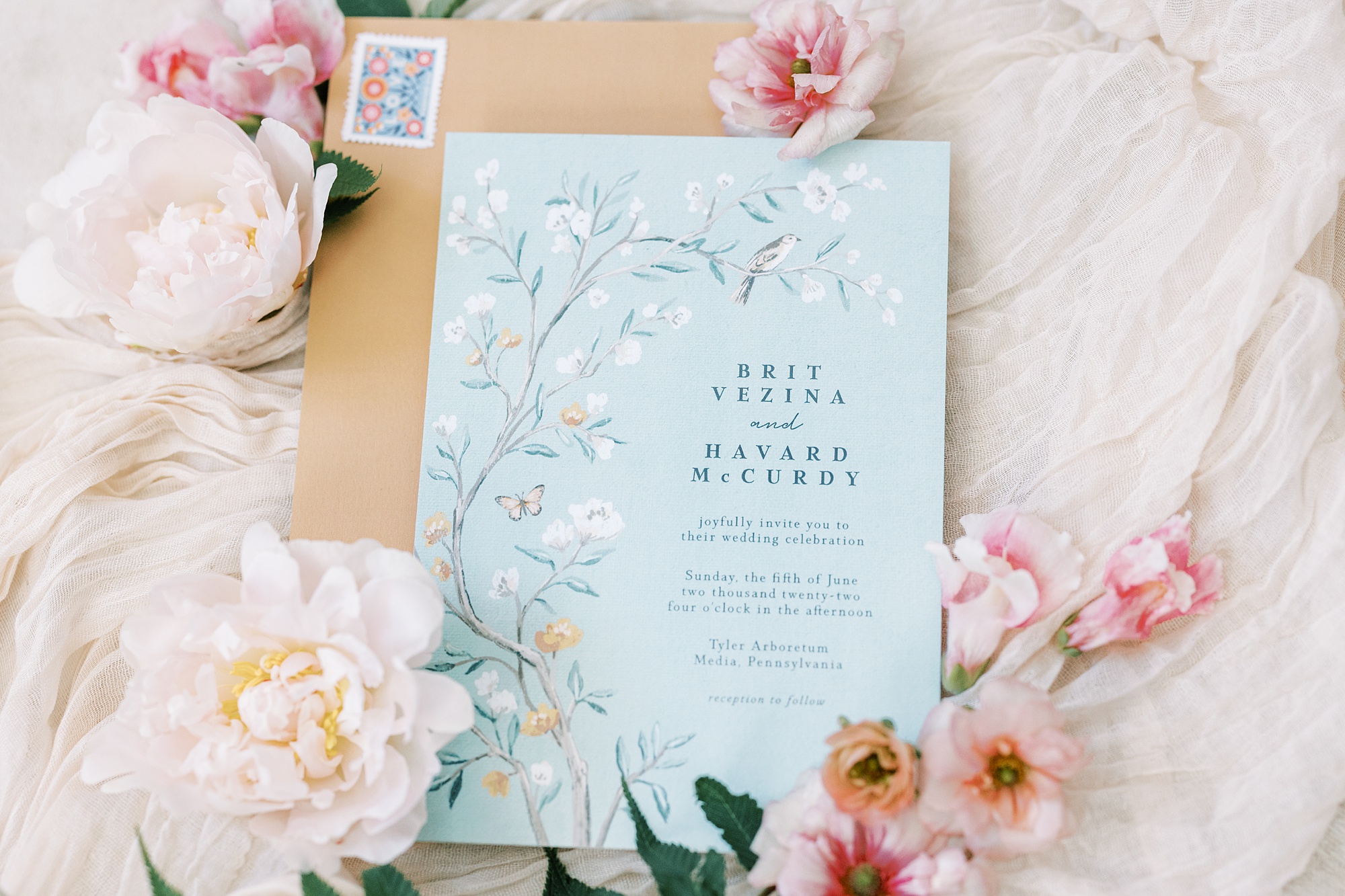 blue and pink invitation suite for summer wedding in Media PA