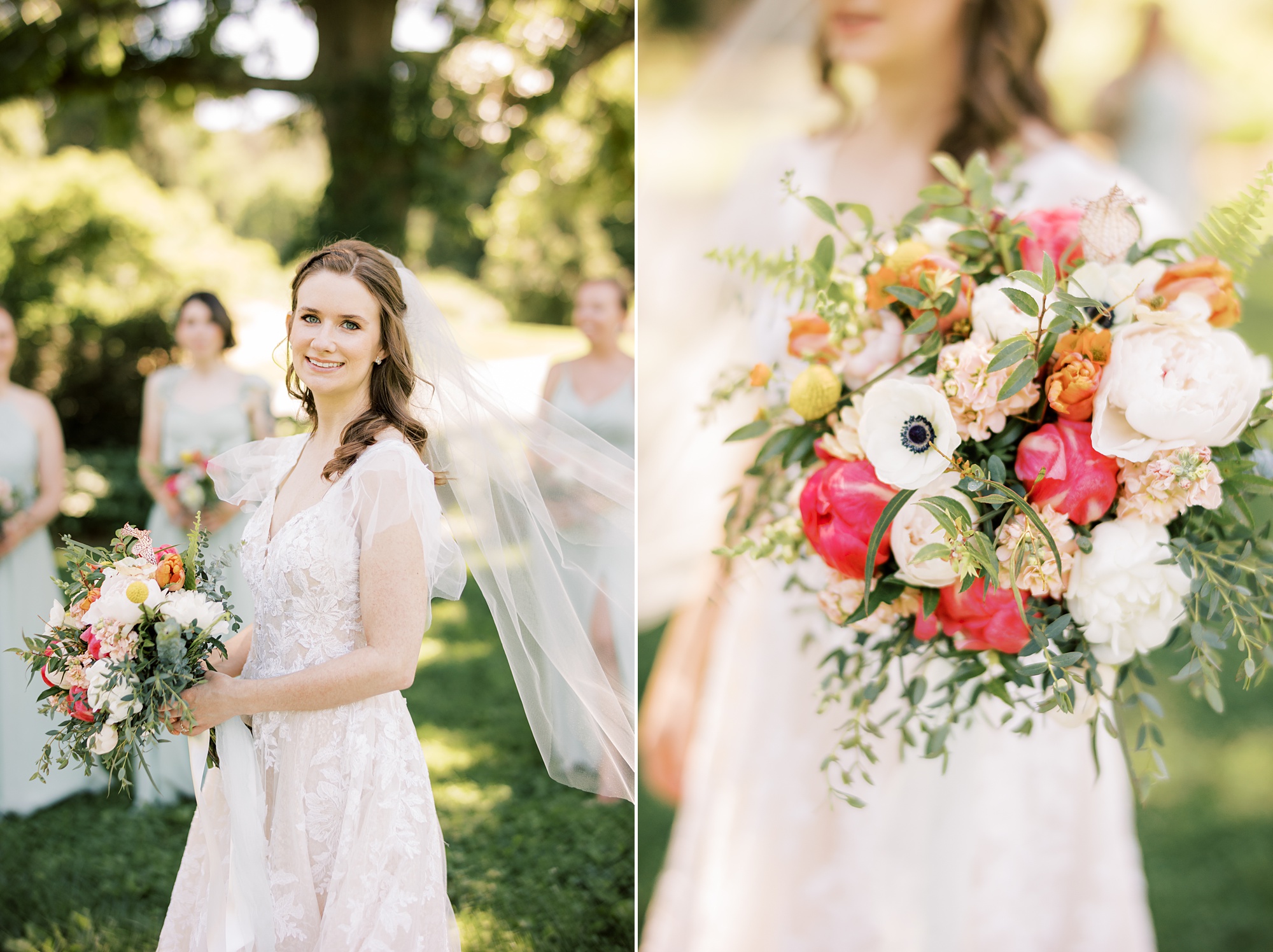 bride holds summer bouquet with bright pink and orange flowers