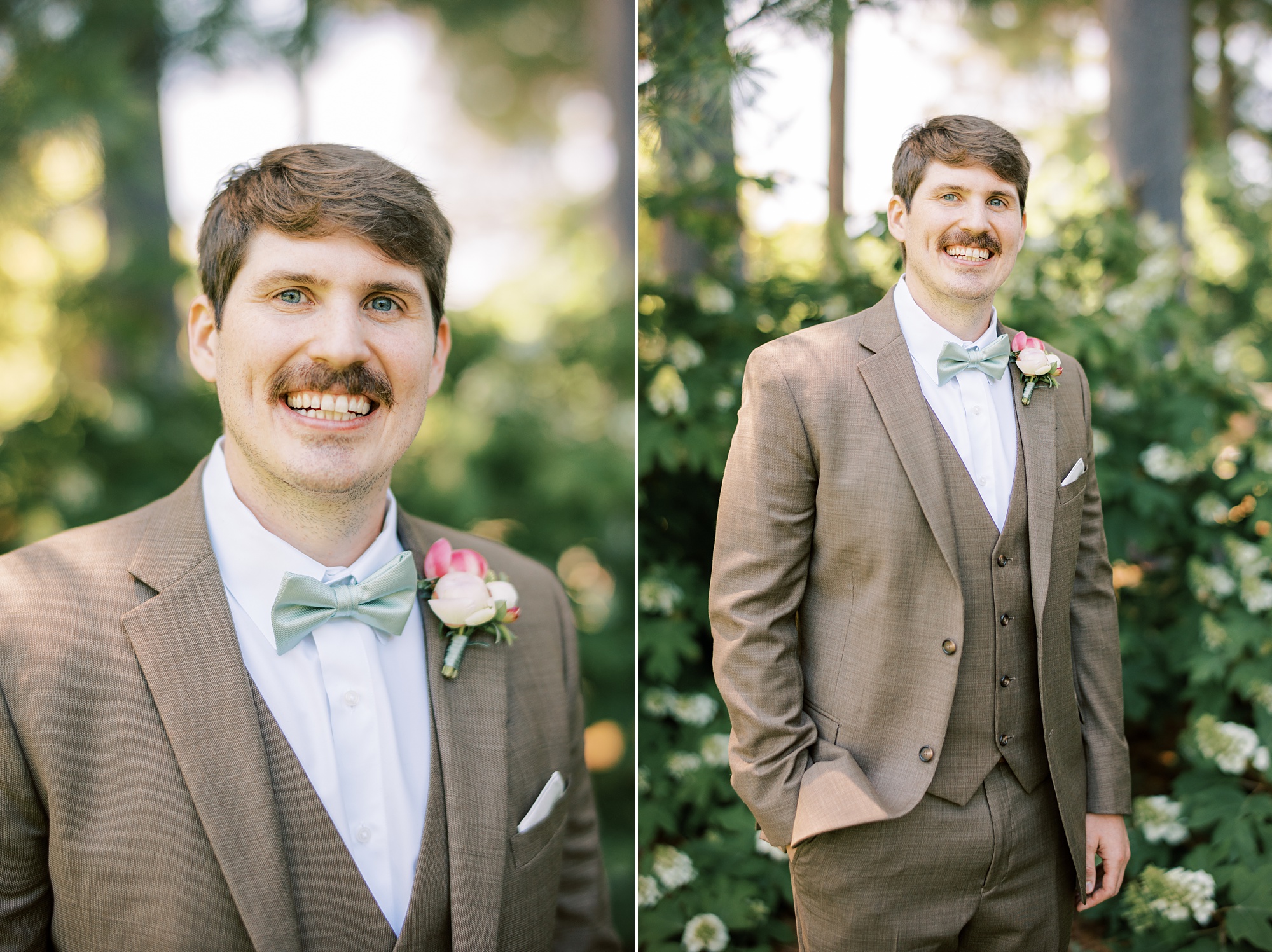groom poses in brown suit with mint green tie at Tyler Arboretum