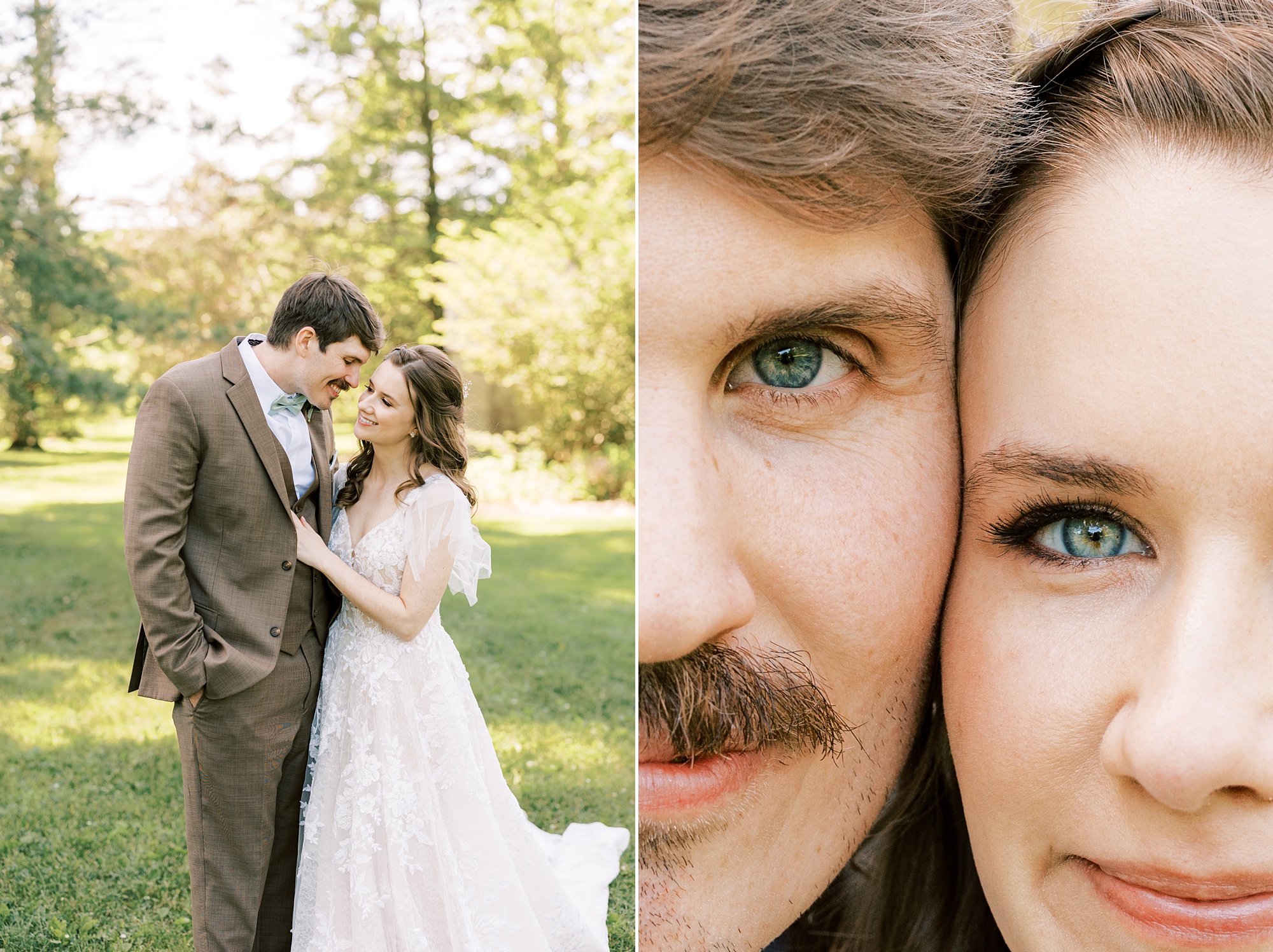 bride and groom stand with faces touching for photo of half of each of their faces 