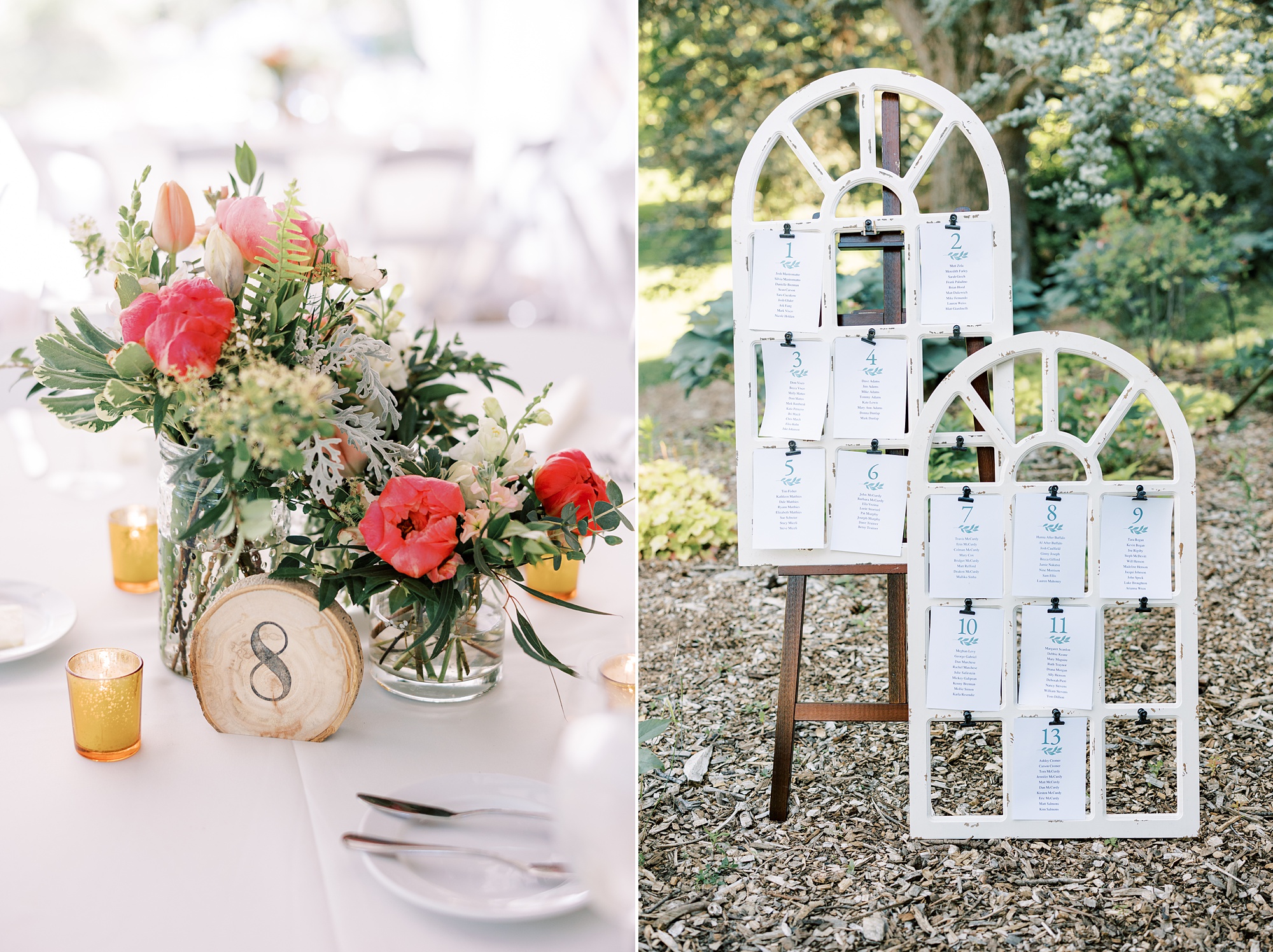 seating chart and centerpieces for summer wedding reception at Tyler Arboretum
