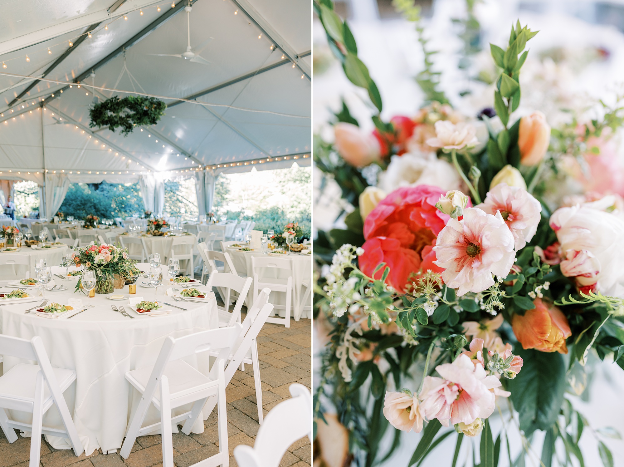 tented wedding reception with pink floral centerpieces and hanging greenery 