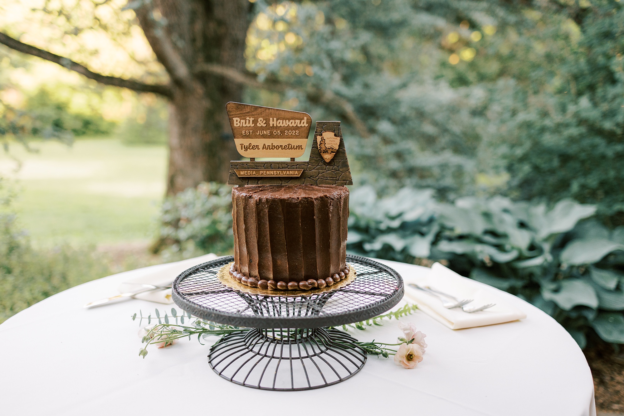 chocolate wedding cake inspired by national park sign sits on table outside 