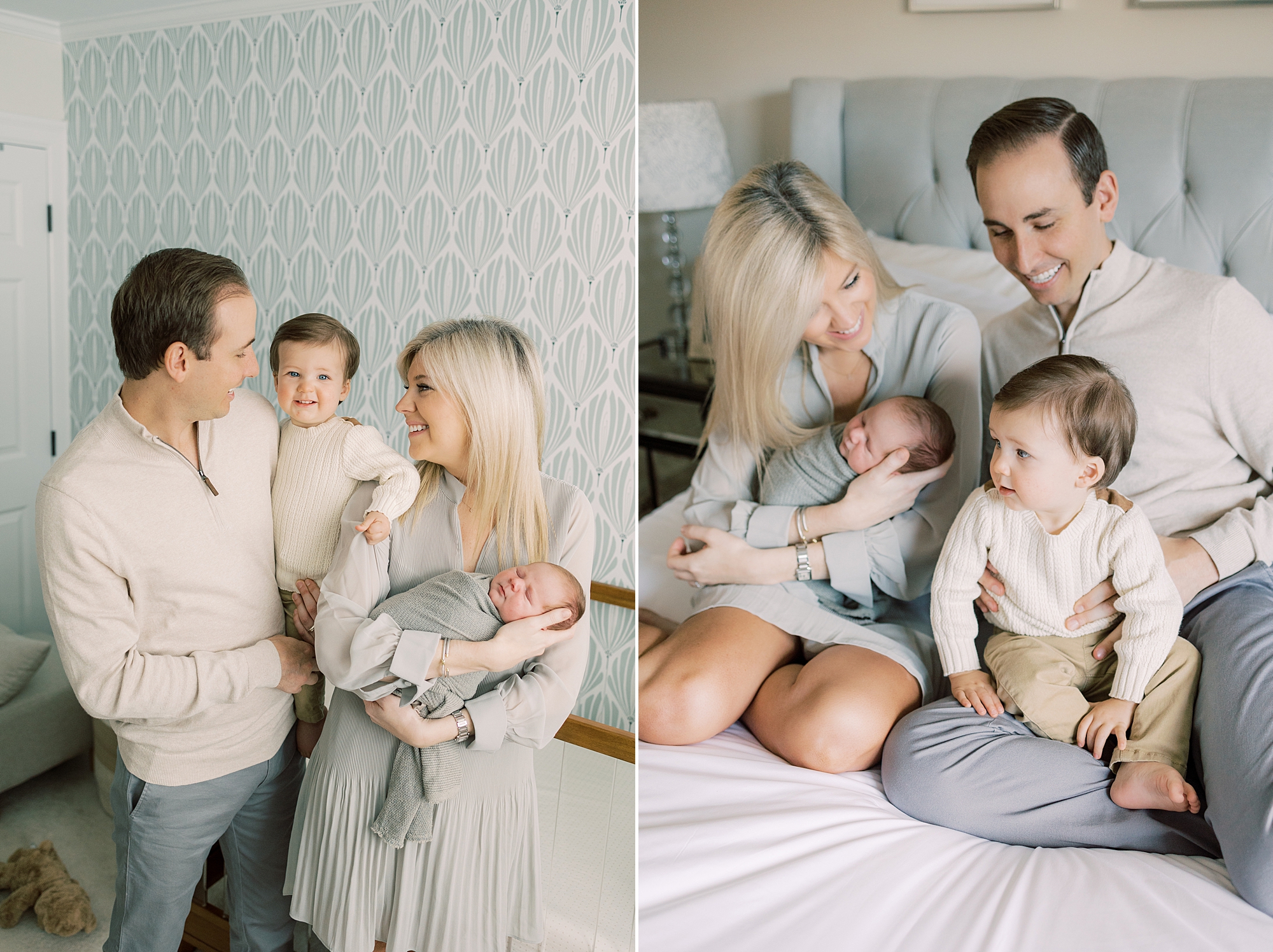 family sits together on bed during PA newborn session