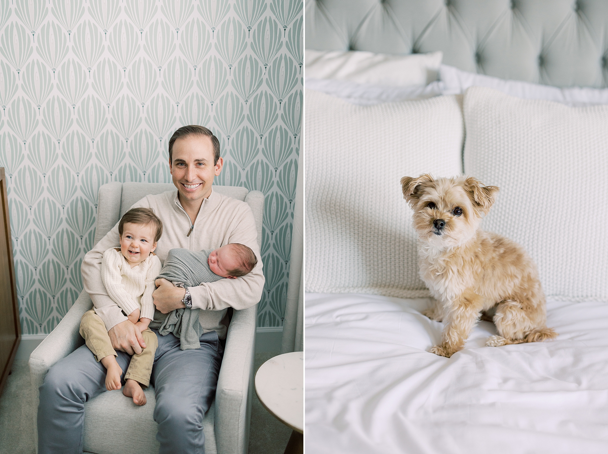 dad sits in rocker with boys while dog sits on bed during PA newborn session