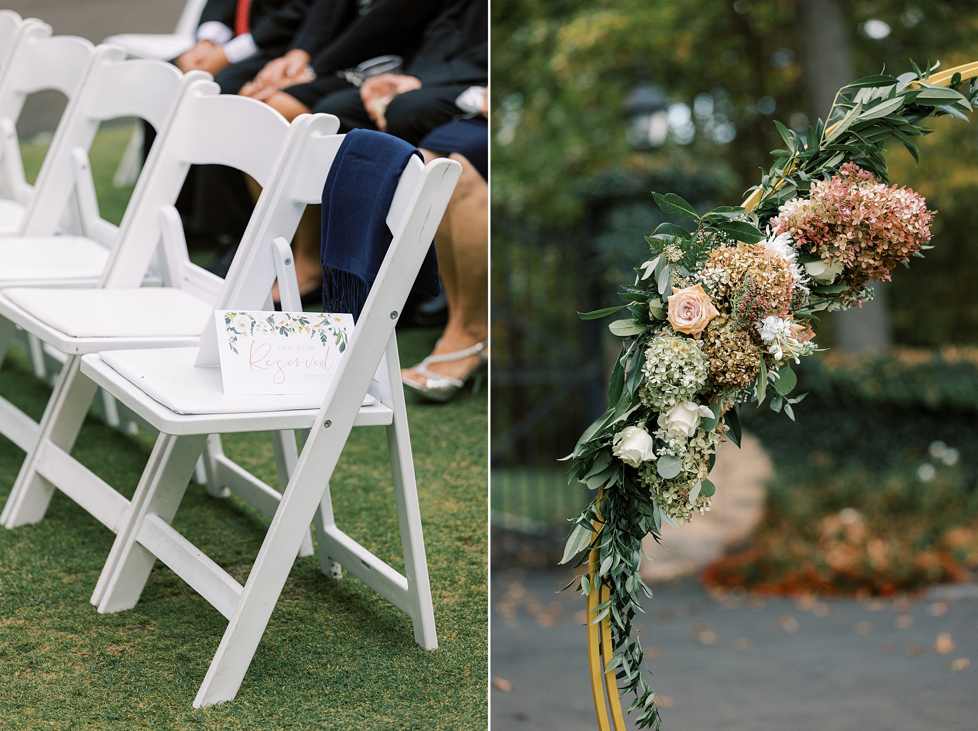 details for fall wedding ceremony outside at Huntingdon Valley Country Club