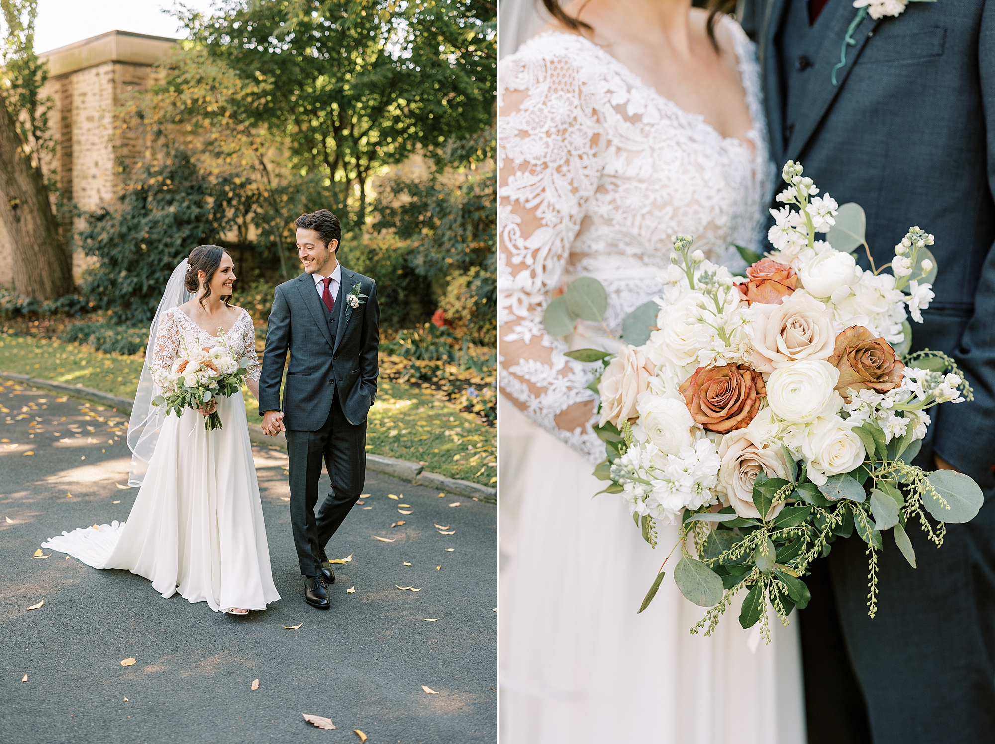 bride holds bouquet of white and orange flowers for fall wedding