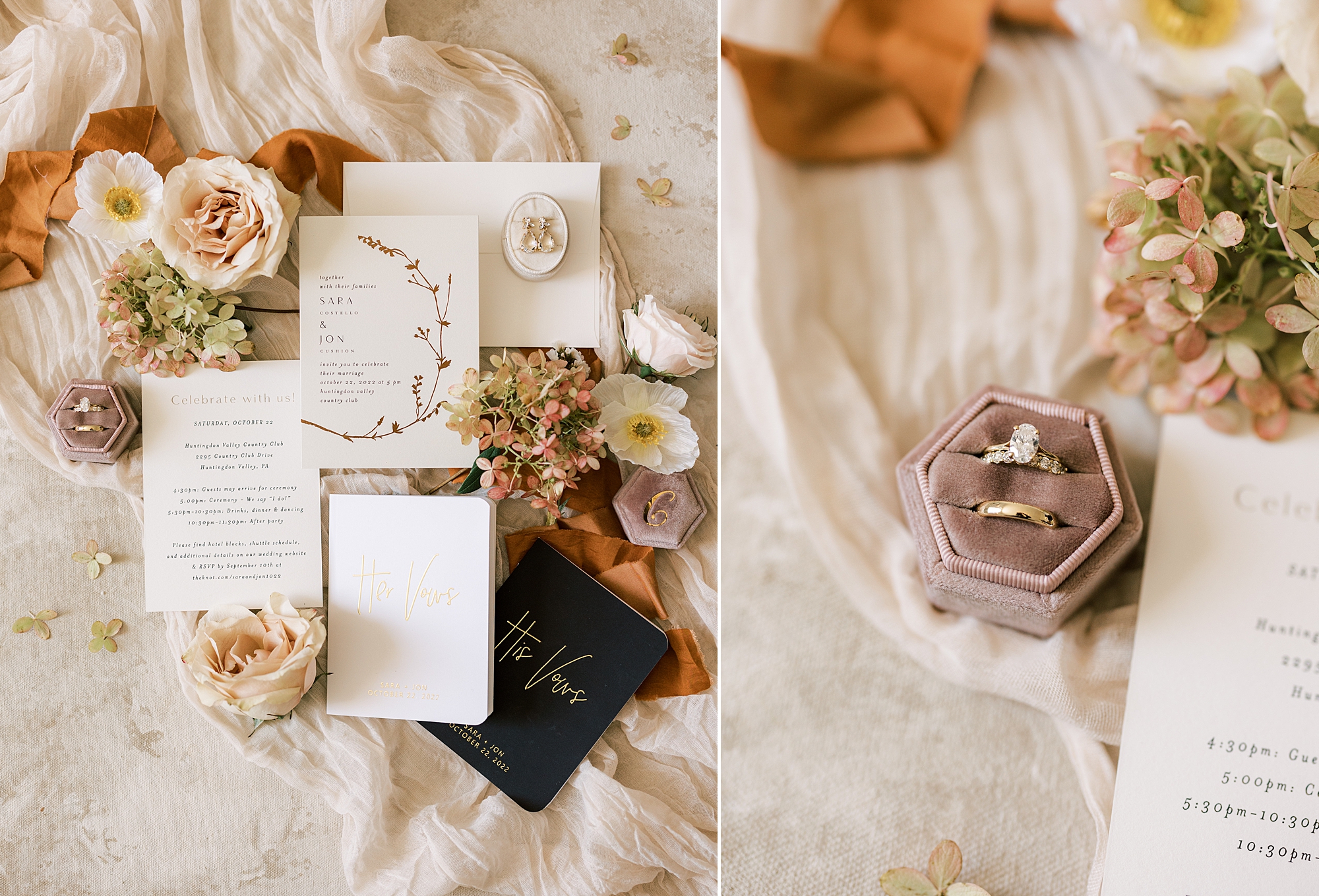 invitation suite and bride's rings for fall wedding