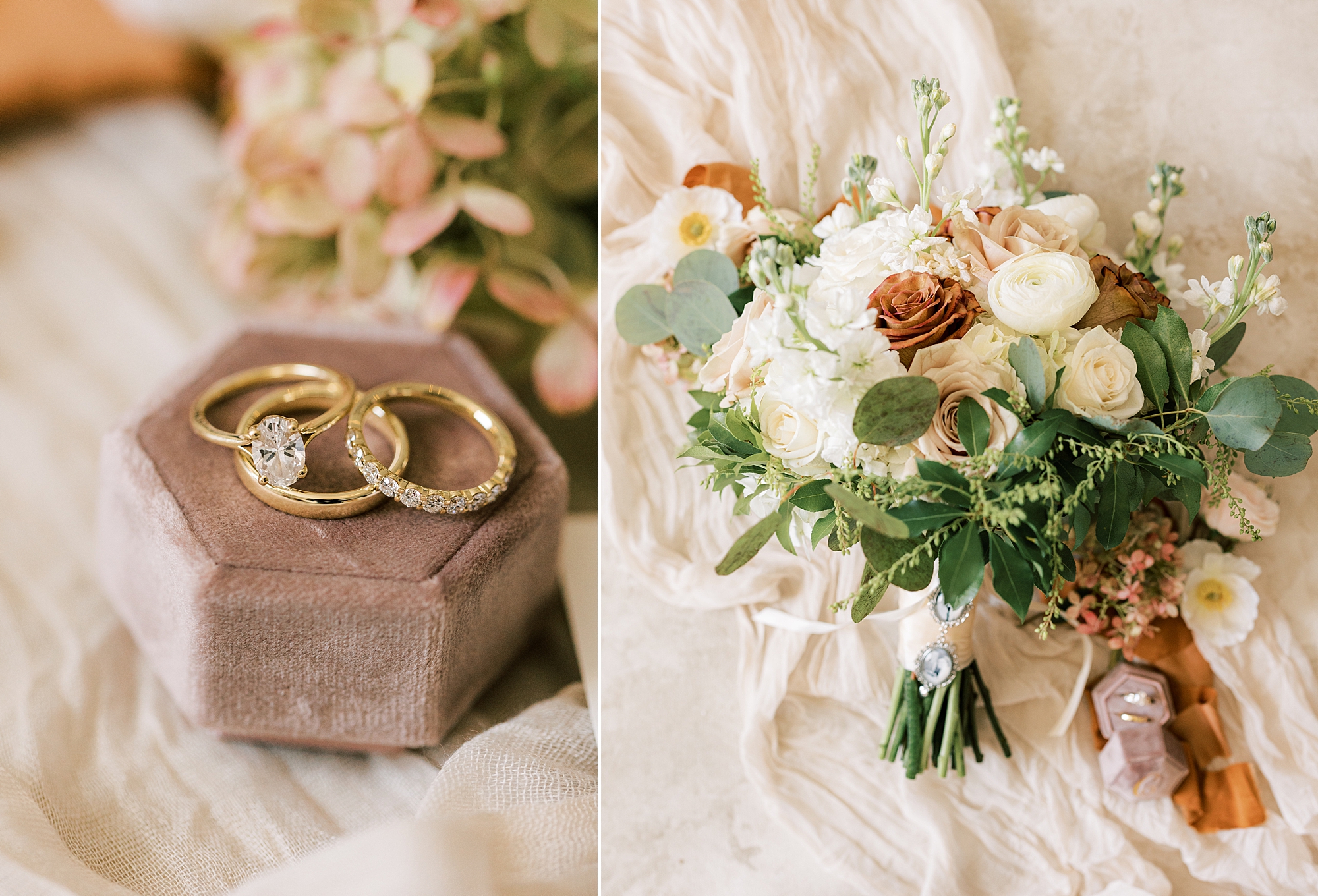 bride's bouquet and gold rings on mauve ring box