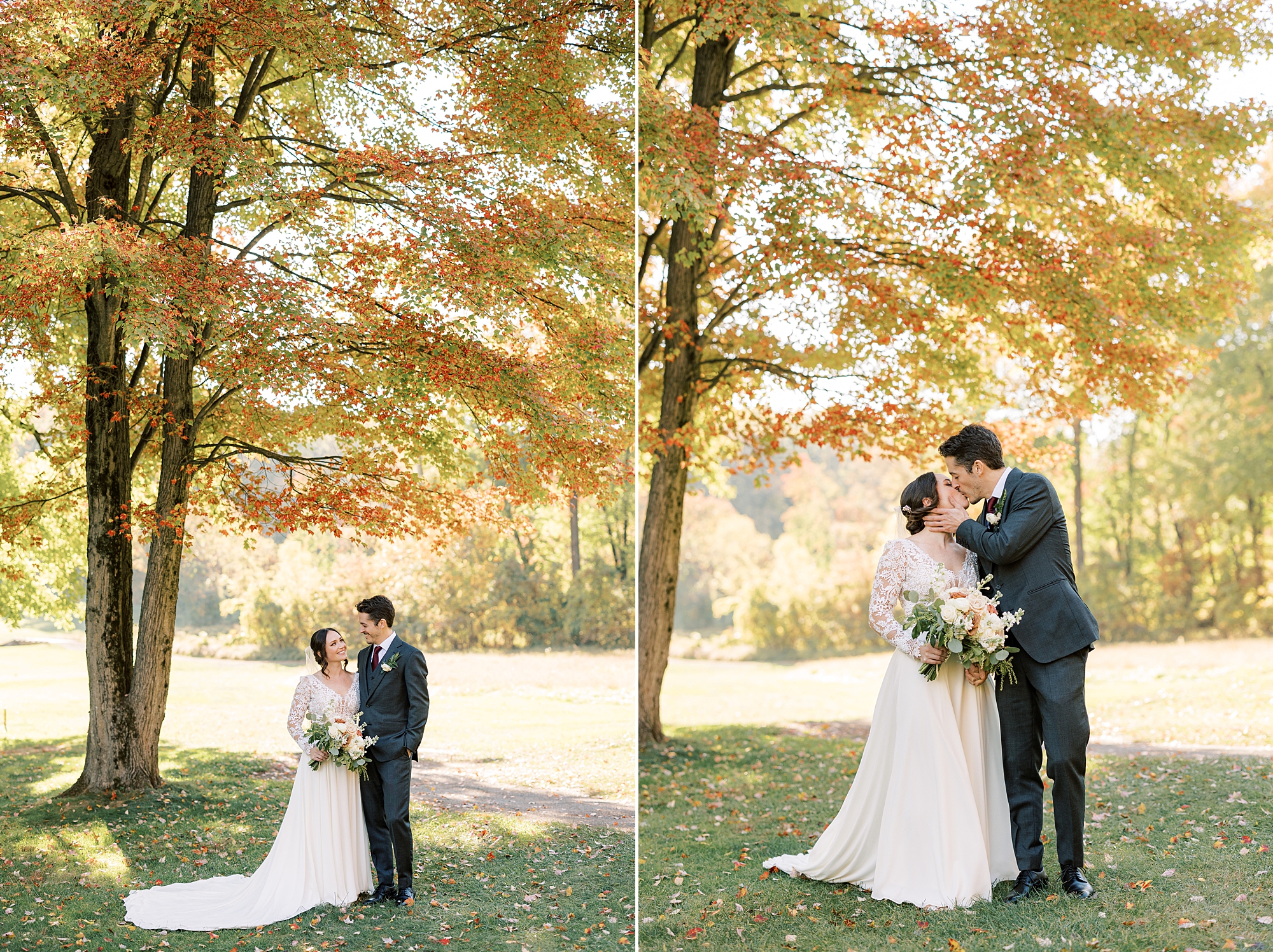 bride and groom kiss under yellow trees at Huntingdon Valley Country Club
