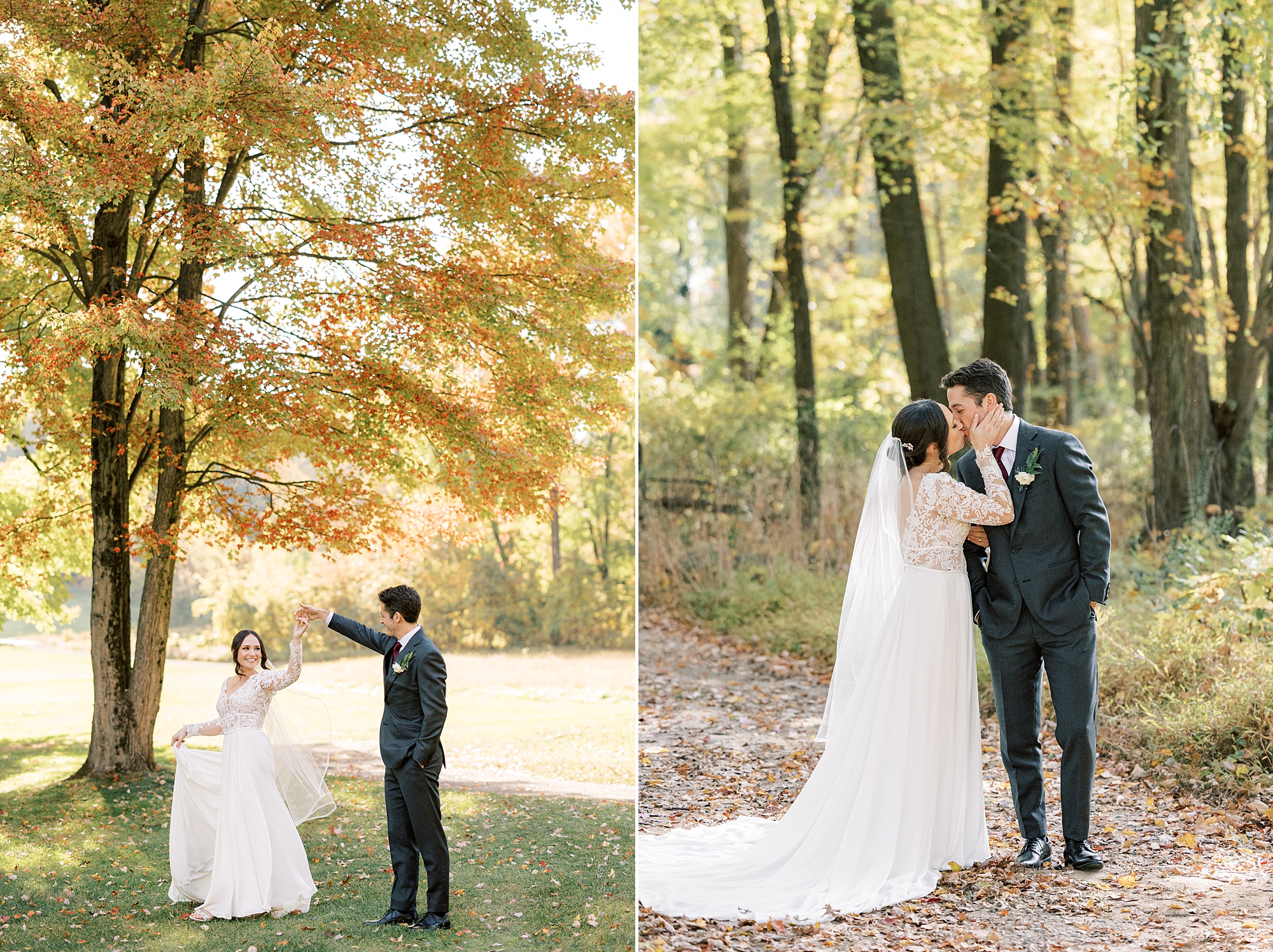 newlyweds kiss on path in trees at Huntingdon Valley Country Club