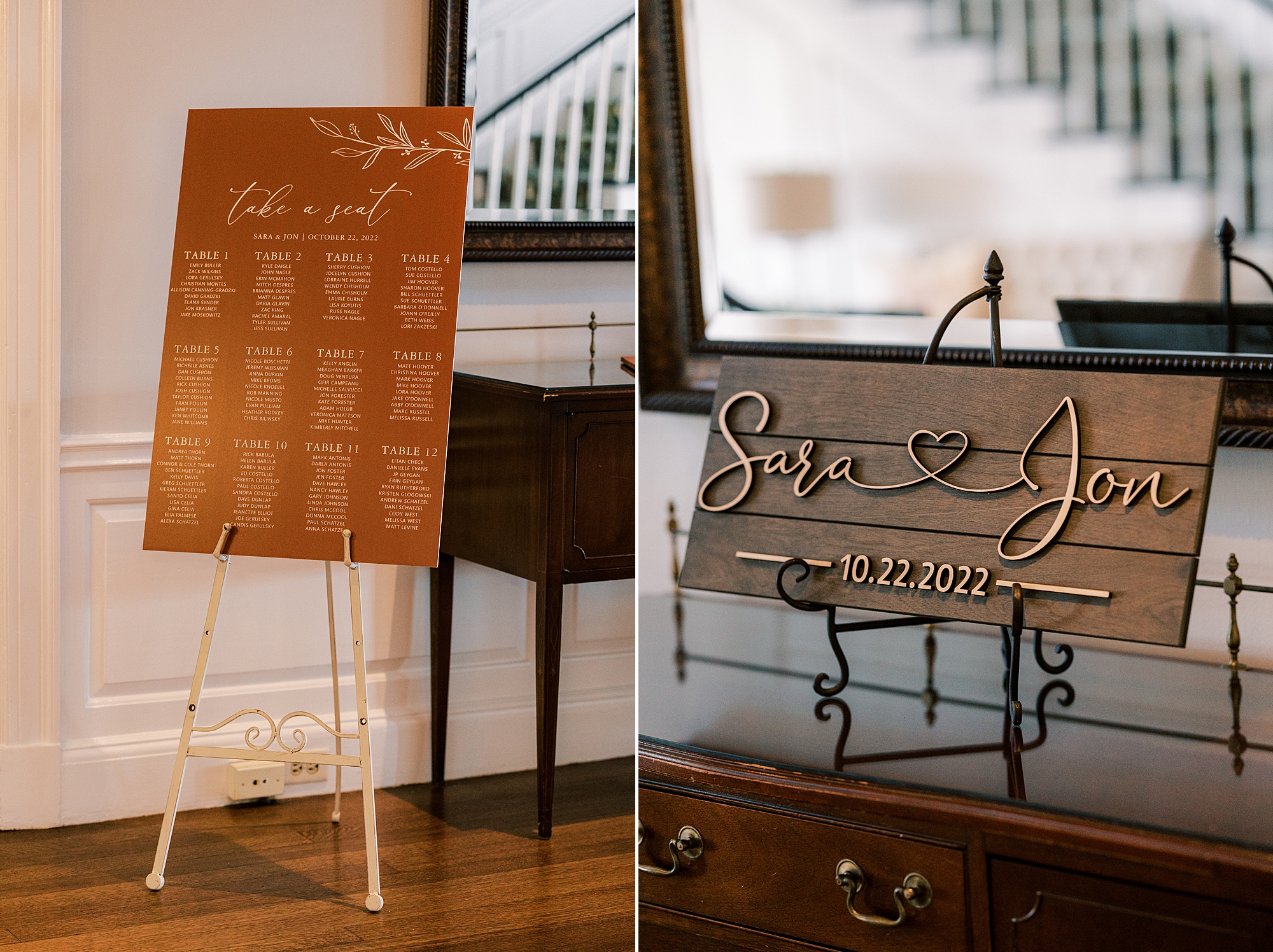 welcome sign and seating chart for wedding reception at Huntingdon Valley Country Club