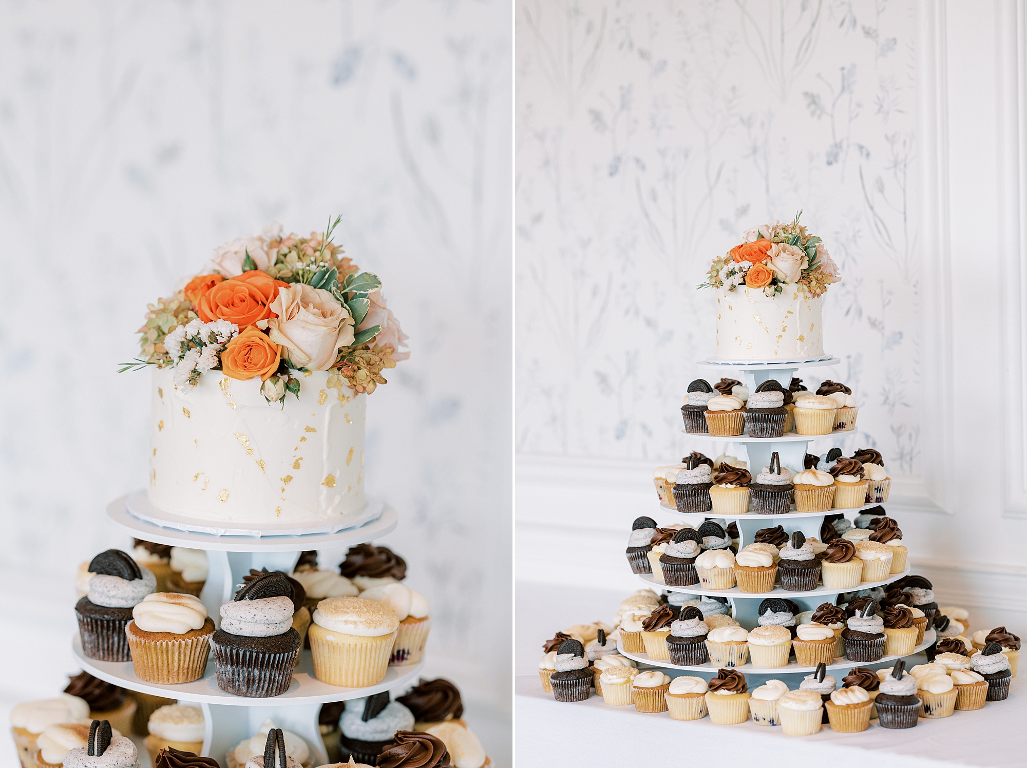 wedding cake sits n tiers of cupcakes