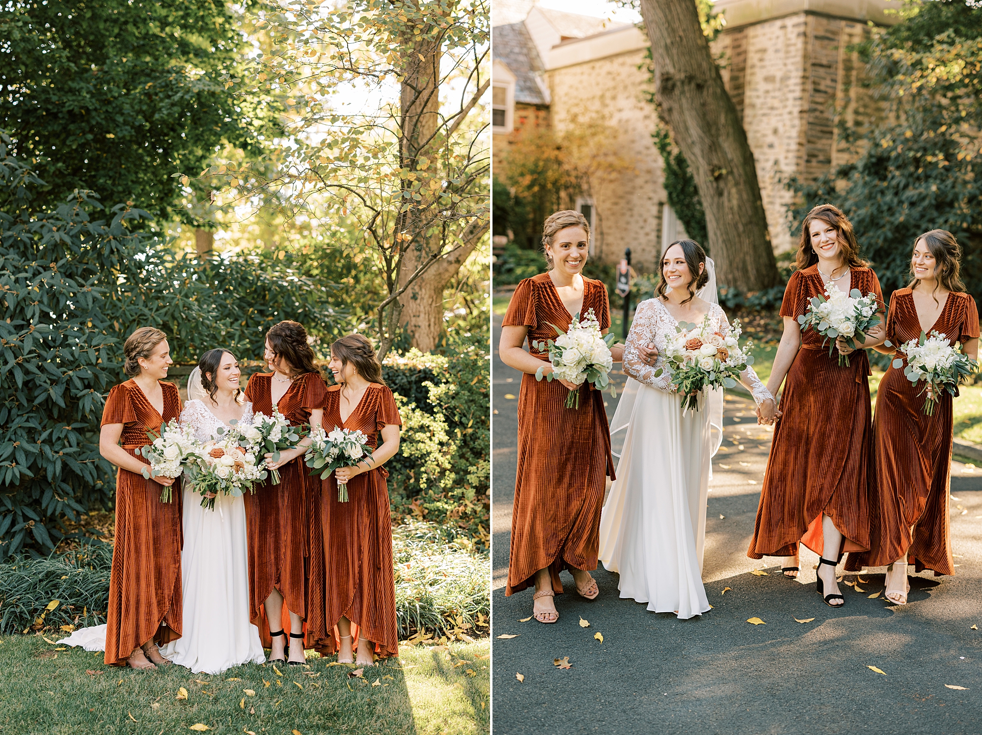 fall bridesmaid looks in orange velvet gowns