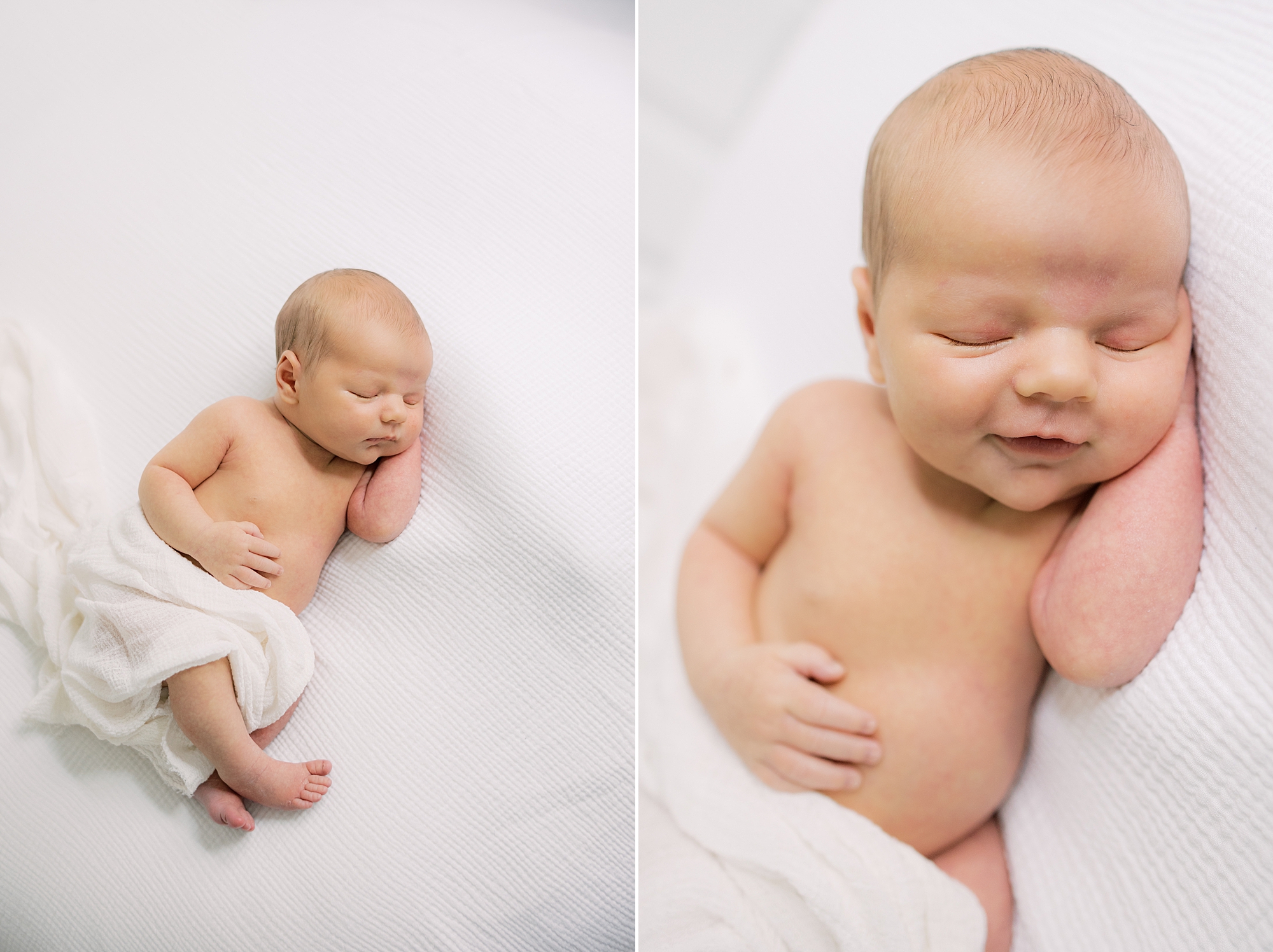 baby sleeps during newborn portraits on white blanket 