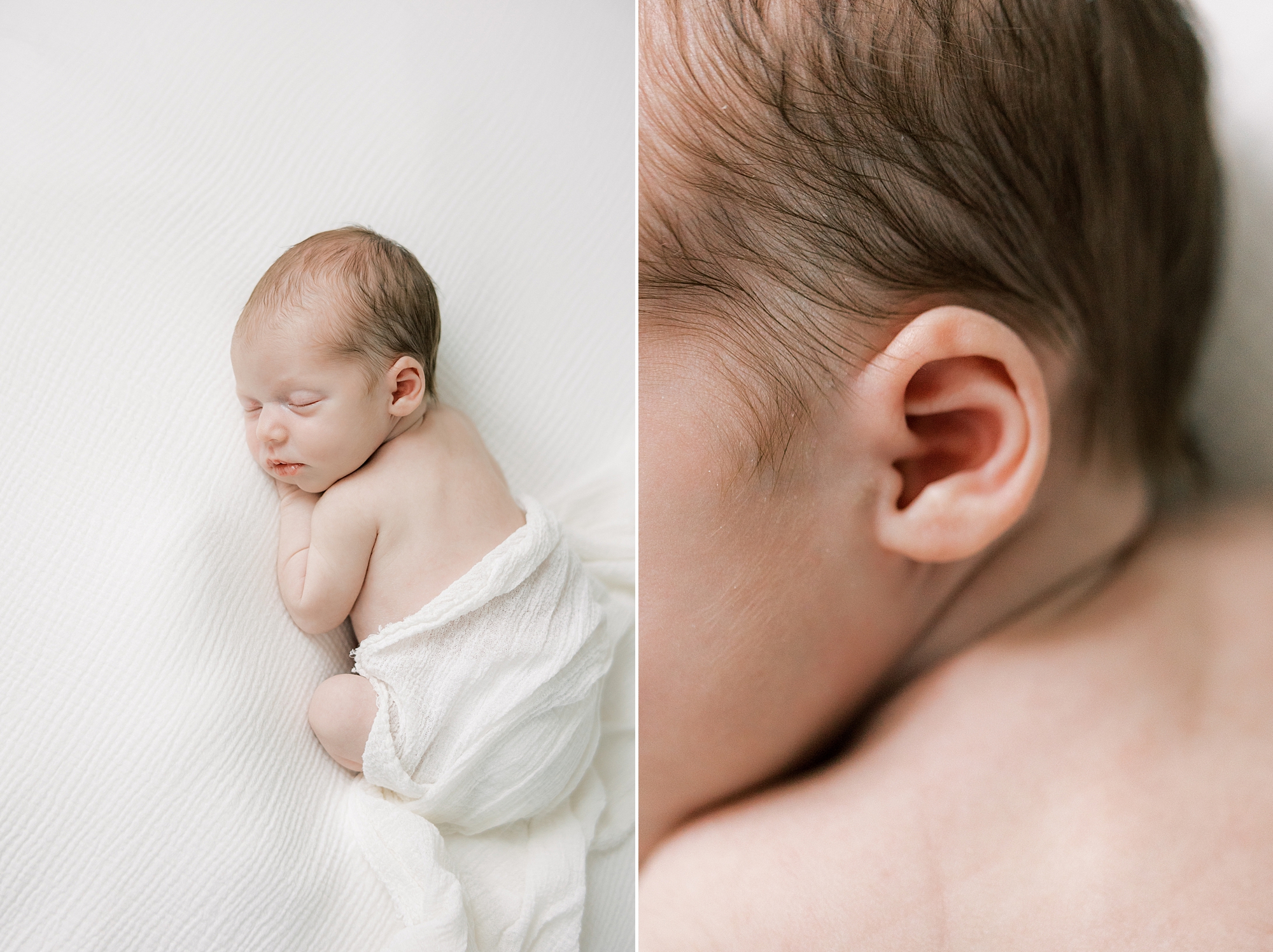 baby lays on white blanket during studio newborn portraits 