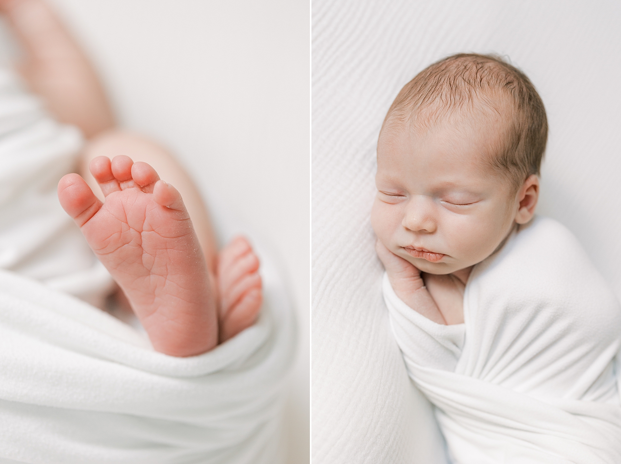 baby lays in white wrap during studio newborn session 