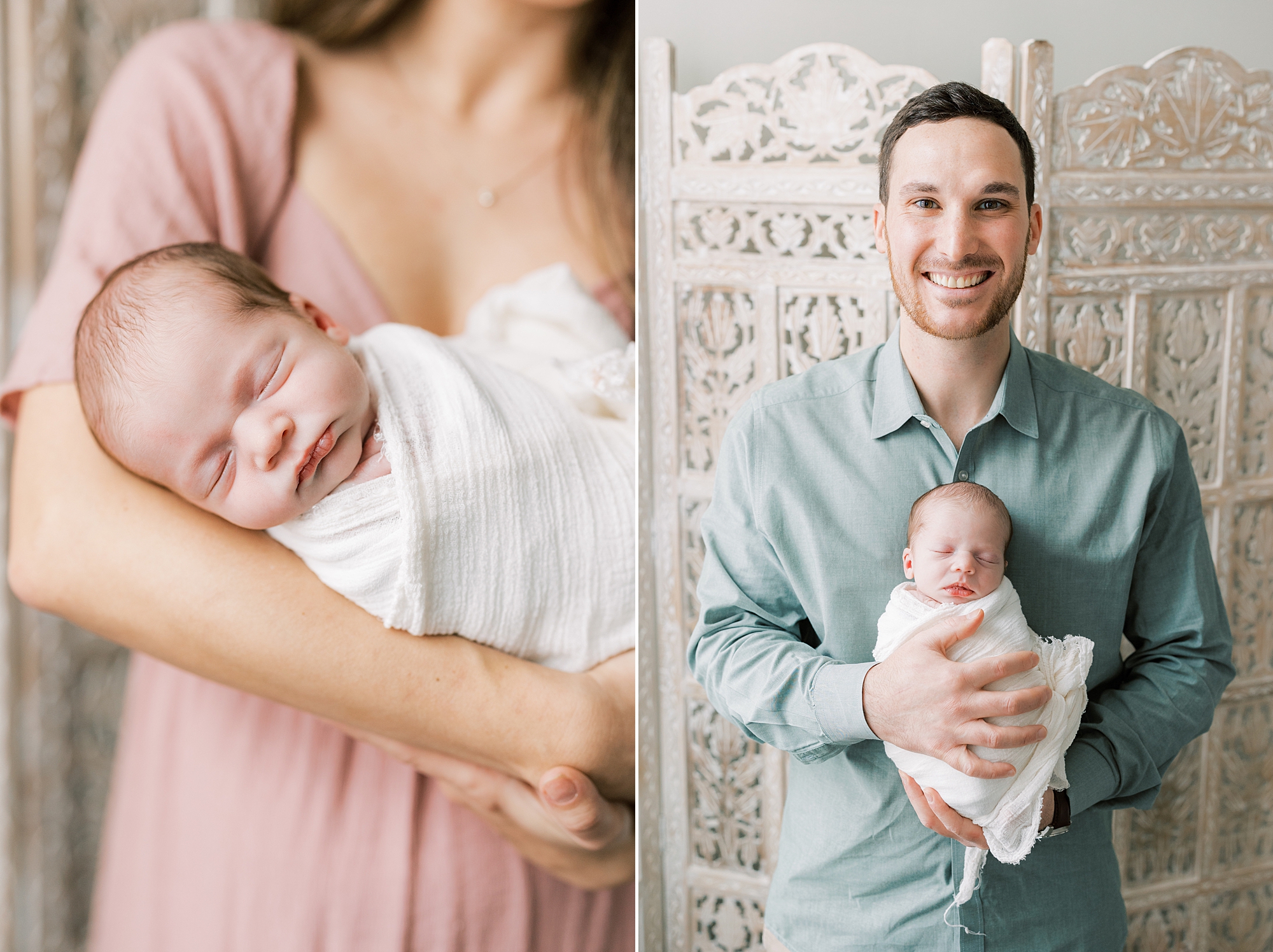 parents hold baby girl in white wrap during studio newborn session in Philadelphia PA