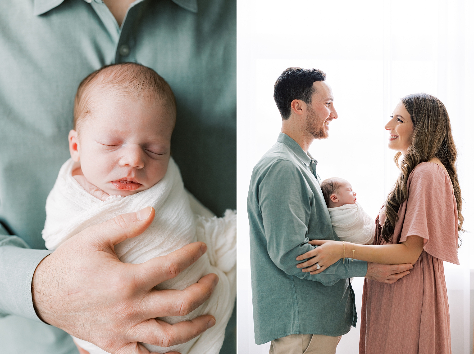 couple holds baby between them during studio newborn session in Philadelphia PA