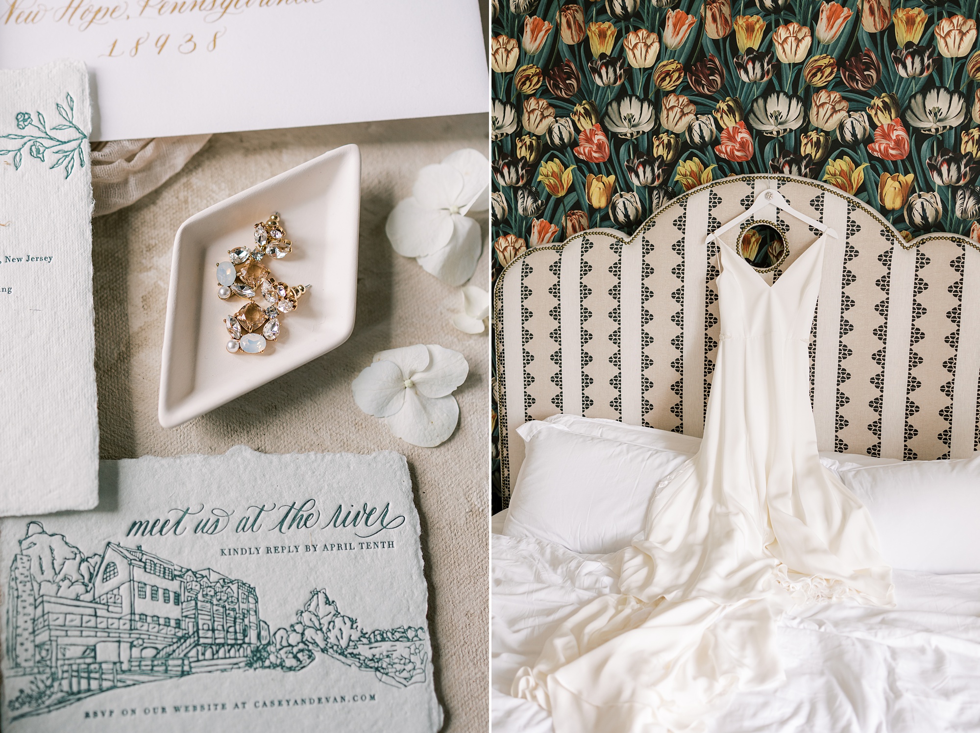 wedding dress hangs on bed at The River House at Odette's