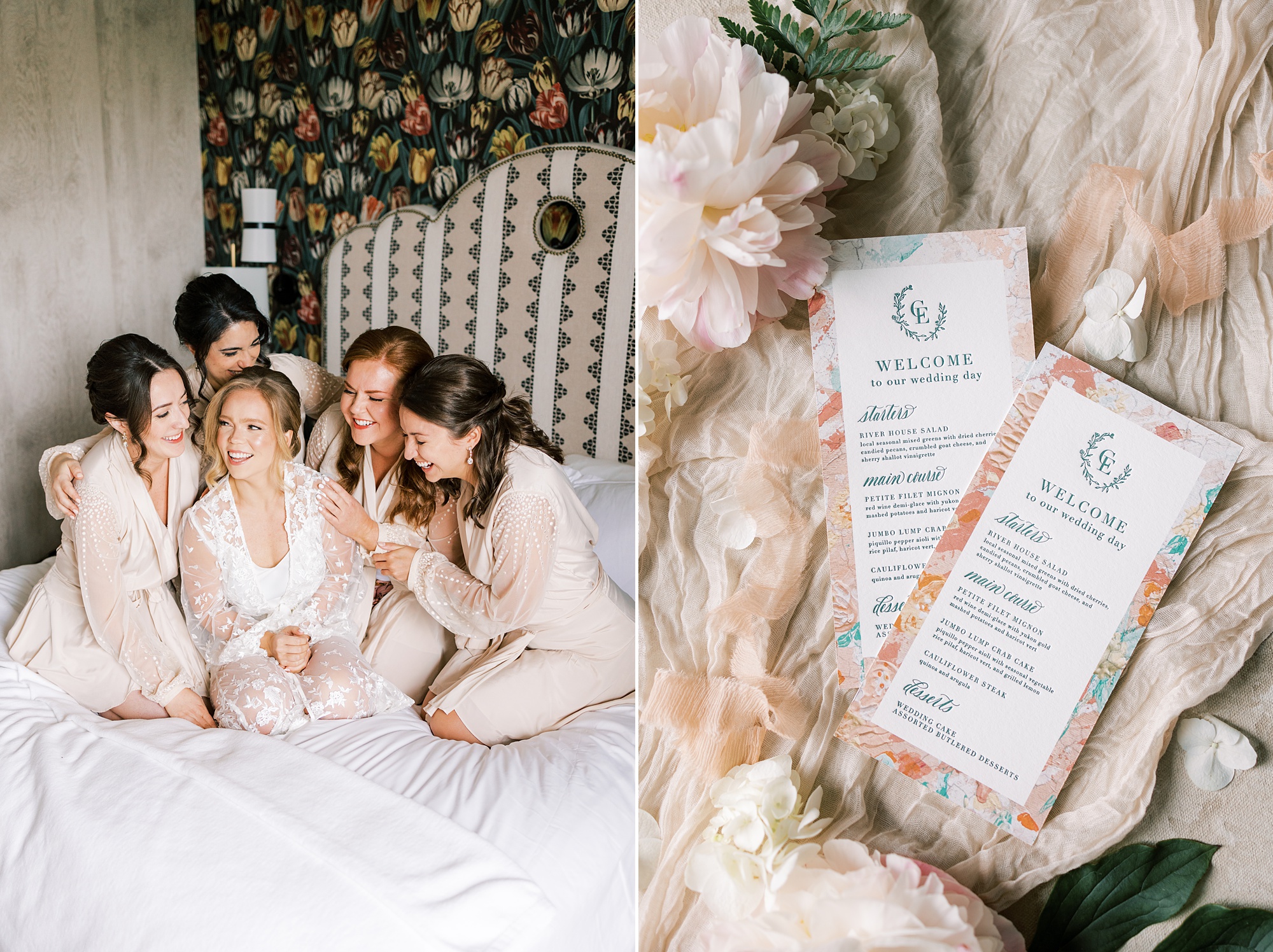 bride laughs with bridesmaids sitting on bed at The River House at Odette's