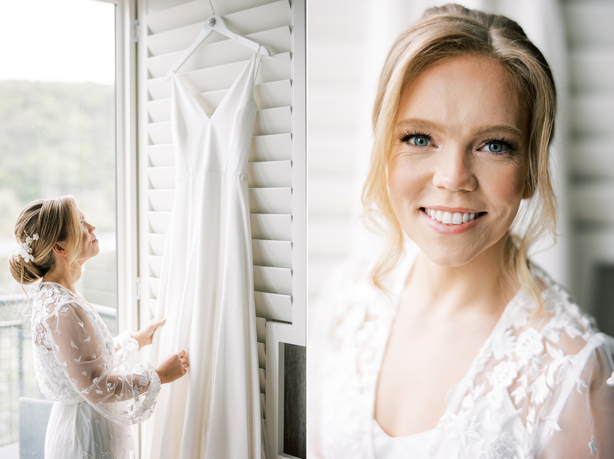 blonde bride smiles in white robe at wedding gown 