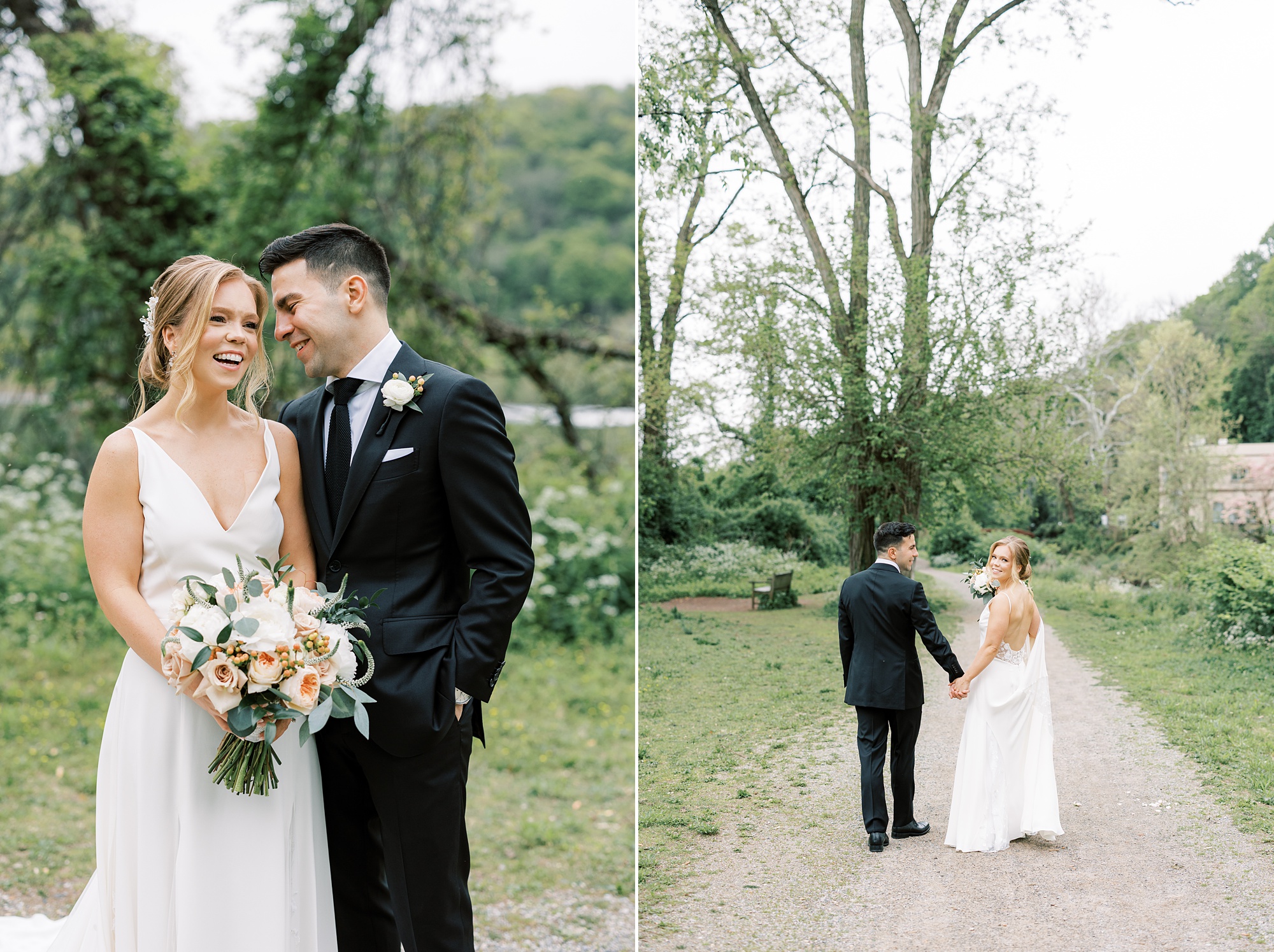 groom leans to whisper in bride's ear along path at The River House at Odette's