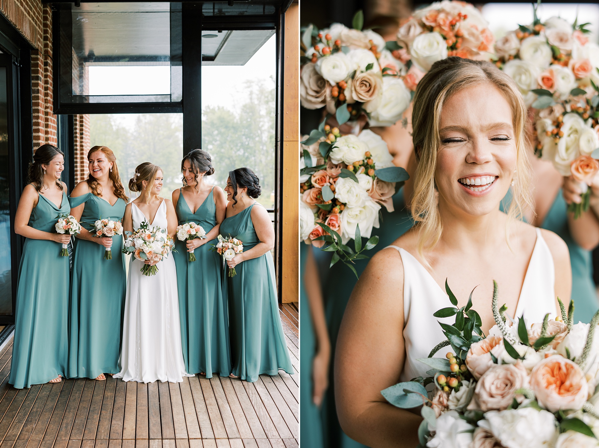 bridesmaids in teal gowns smile with bride holding up peach bouquets 