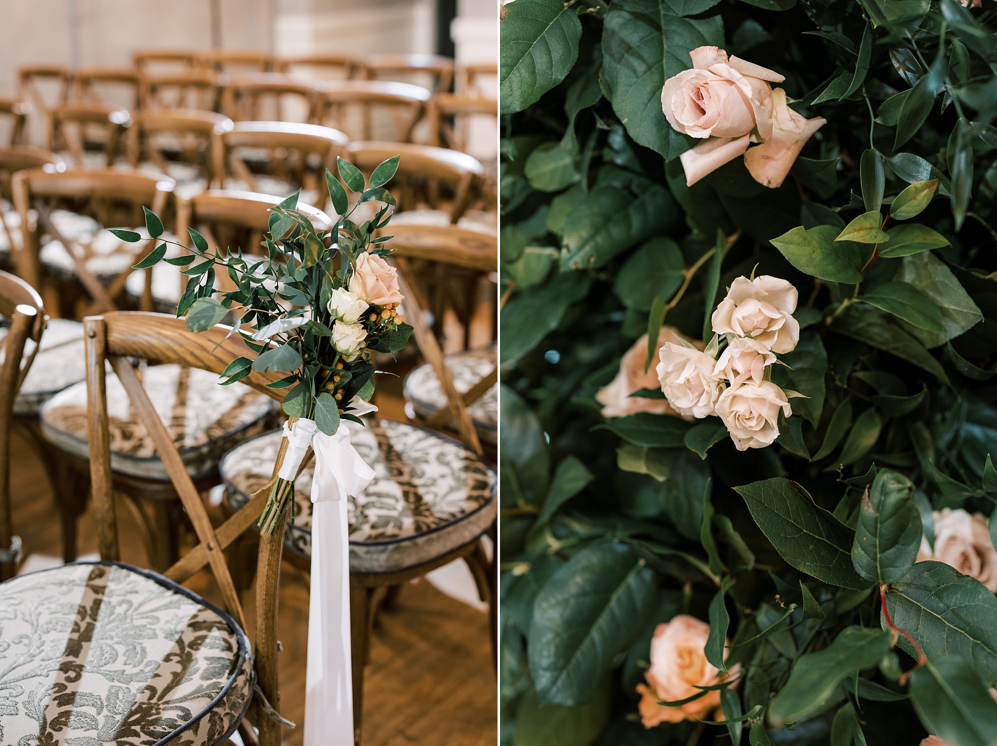 peach rose florals on wooden chairs 